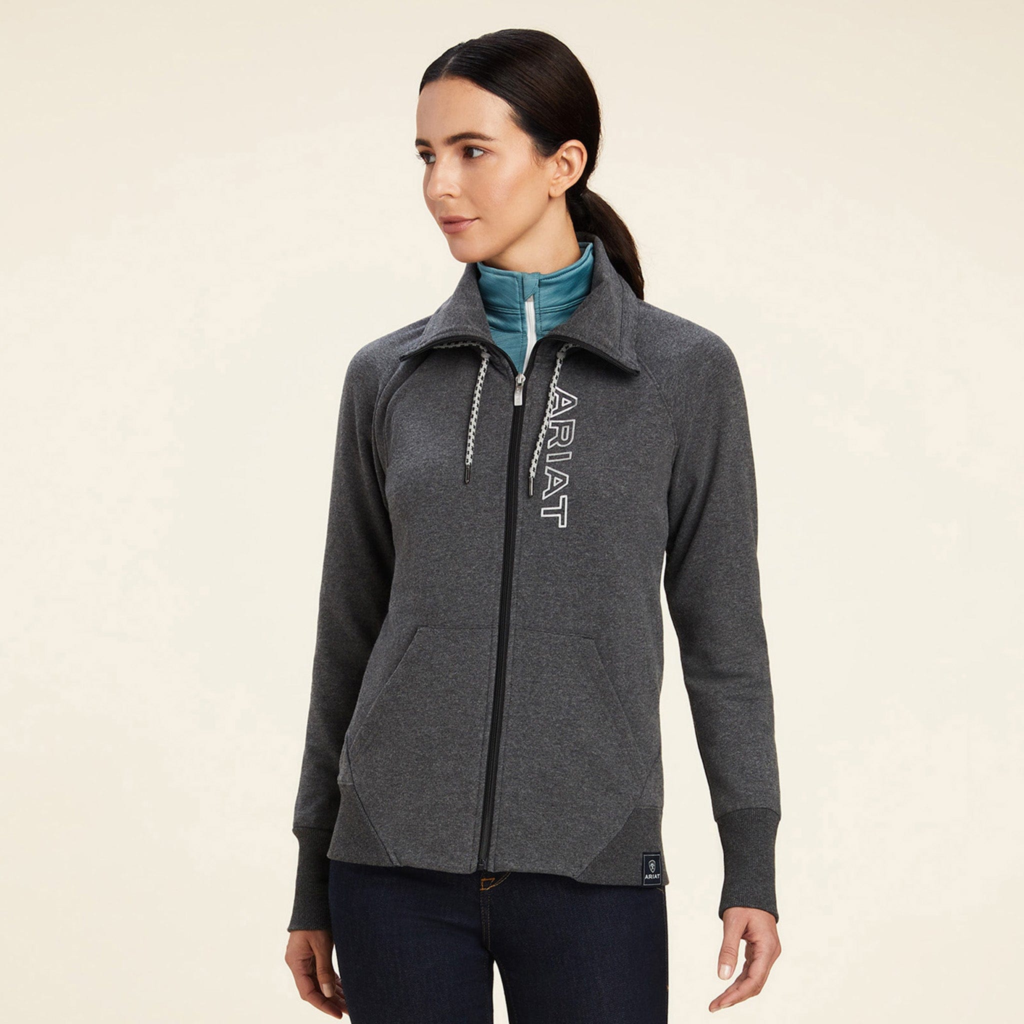 Ariat Team Logo Full Zip Sweatshirt Charcoal Grey 10041227 Front View On Model