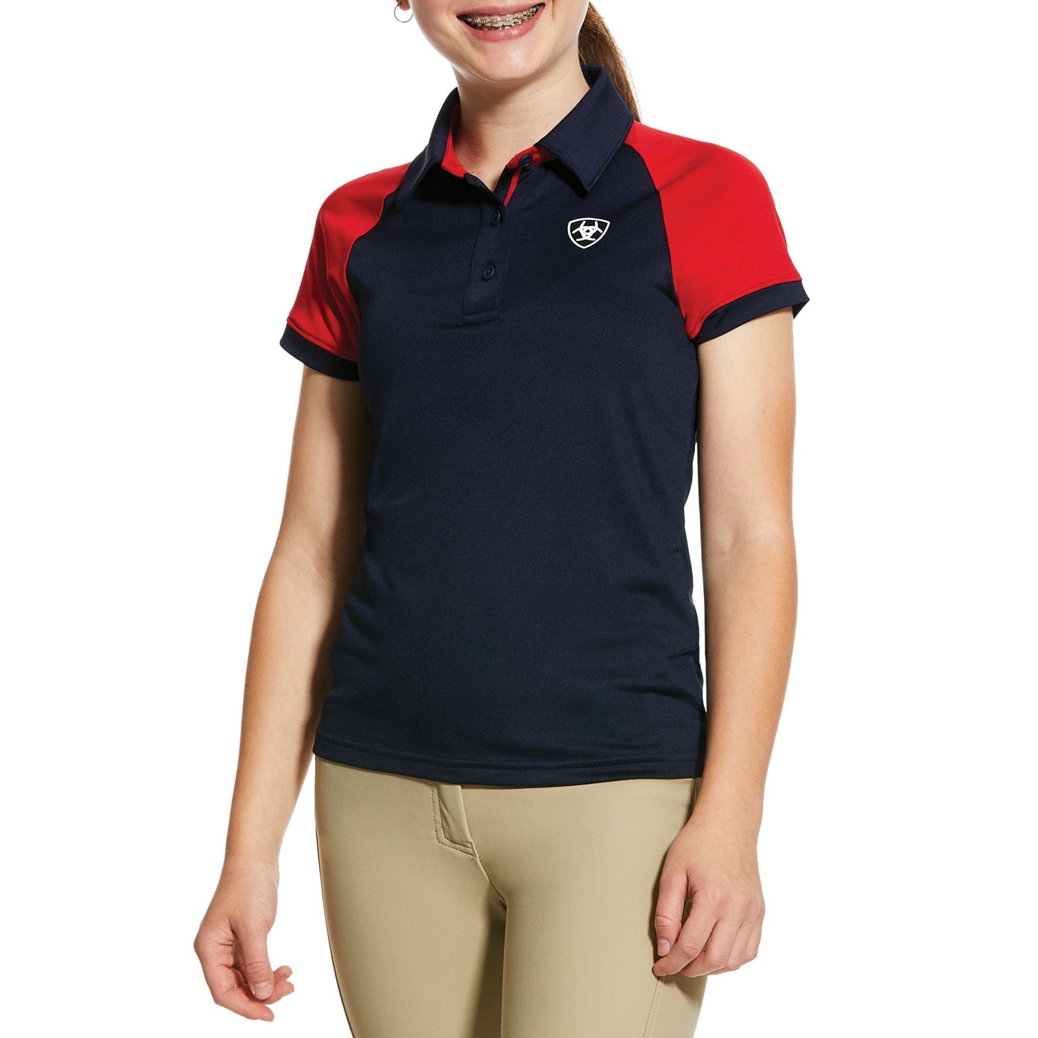 Ariat Youth Team 3.0 Polo Shirt 10030461 Navy and Red Front On Model