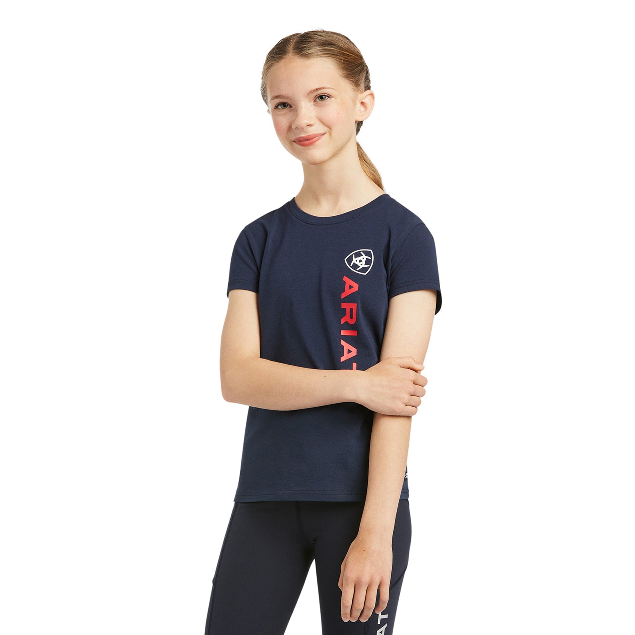 Ariat Youth Vertical Logo T-Shirt Navy 10039226 Front On Model