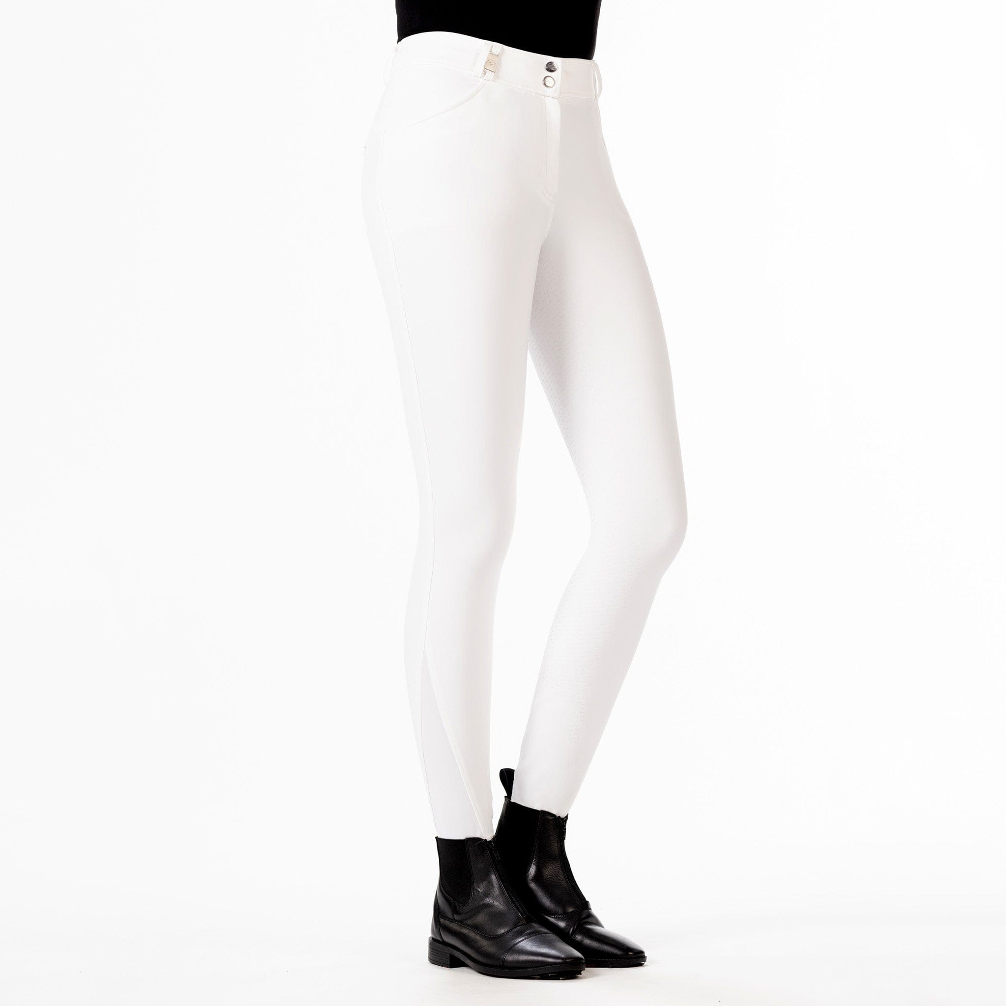 HKM Monaco Crystal Competition Silicone Full Seat Breeches 13226 White Front View On Model