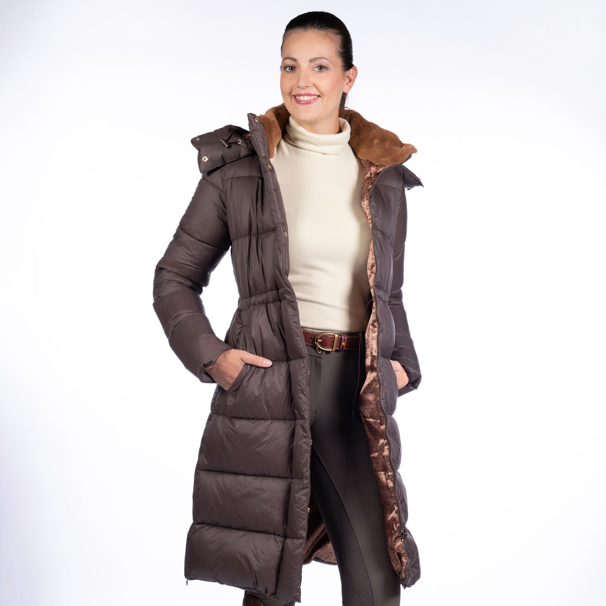 HKM Marrakesh Quilted Coat 13457 Brown Front On Model Unzipped