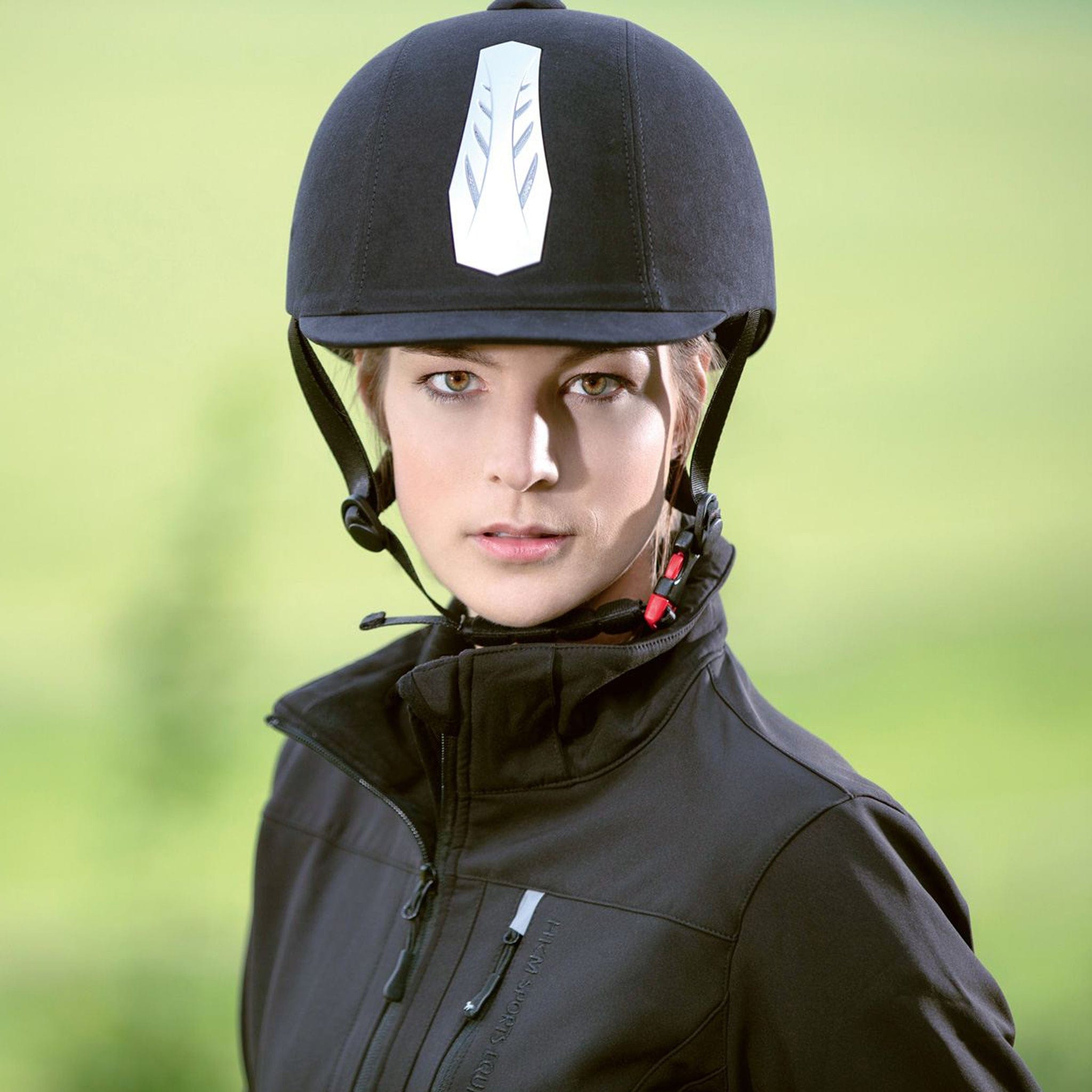 HKM Air Stripe Riding Hat 7886 Black and Silver On Rider