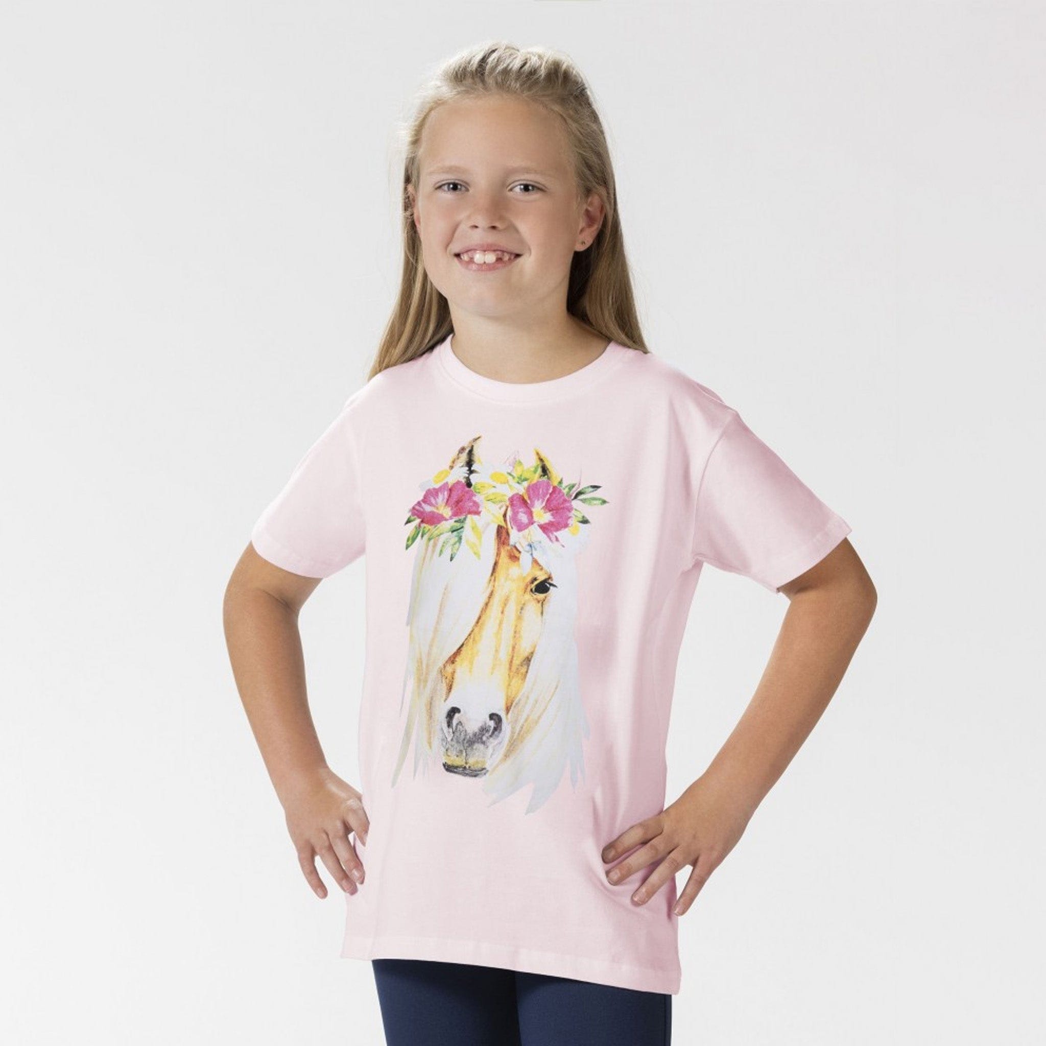 HKM Children's Flower Horse T-Shirt 13132 Rose Pink Front On Child