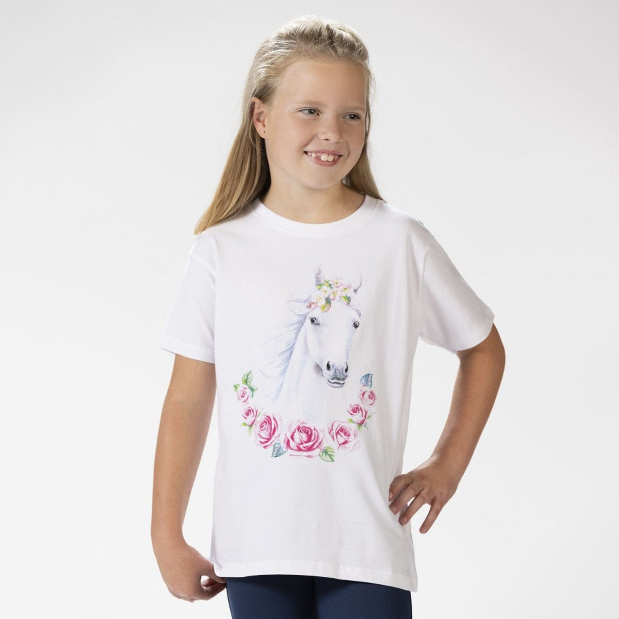 HKM Children's Pretty Horse T-Shirt 13130 White Front On Child