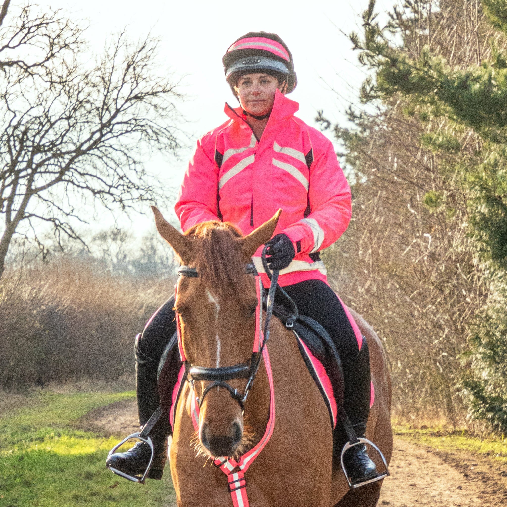 Hy Equestrian Hi Viz Waterproof Riding Jacket 4818 Pink On Rider