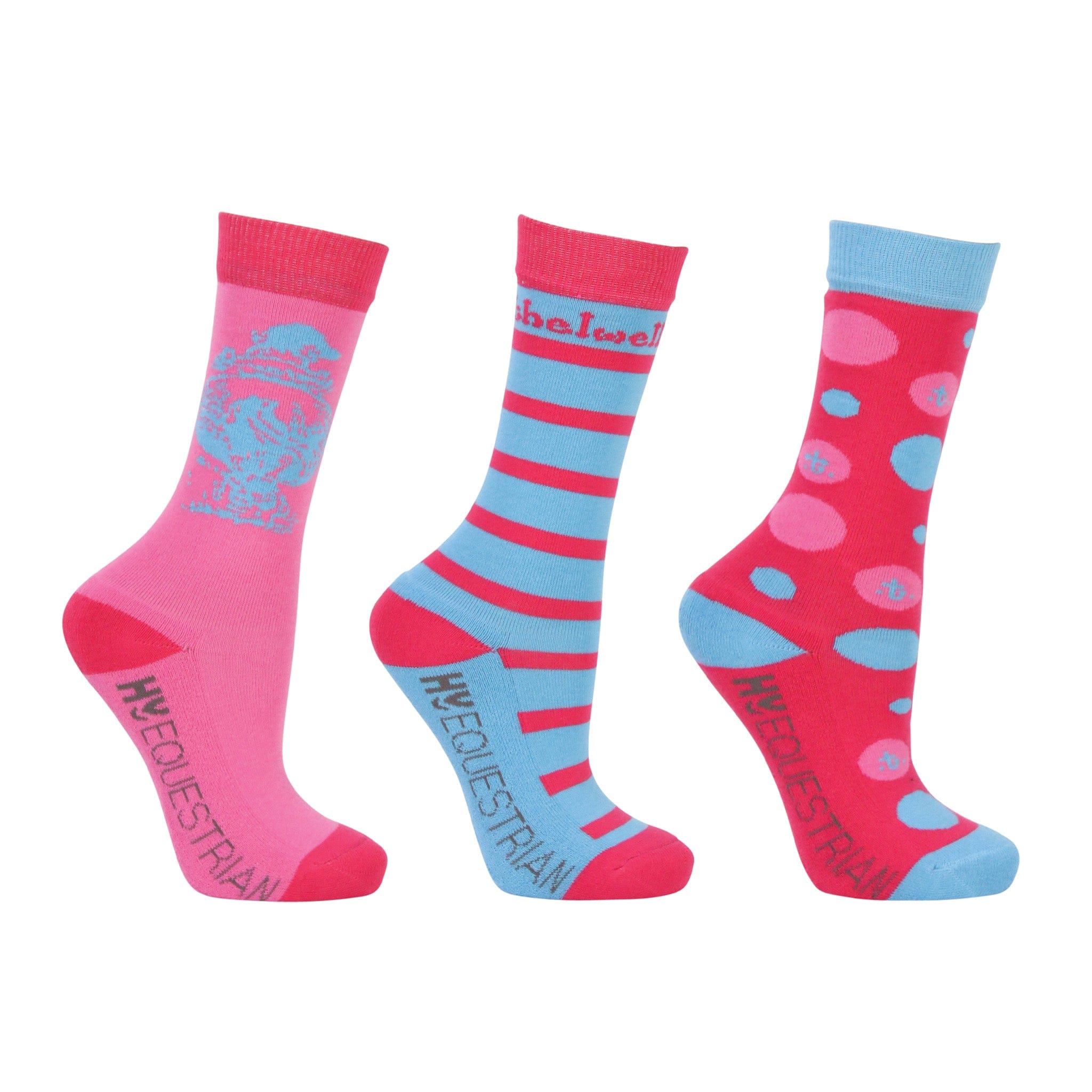 Hy Equestrian Children's Thelwell All Rounder Socks 3 Pack 32011 Pink, Hot Pink and Blue
