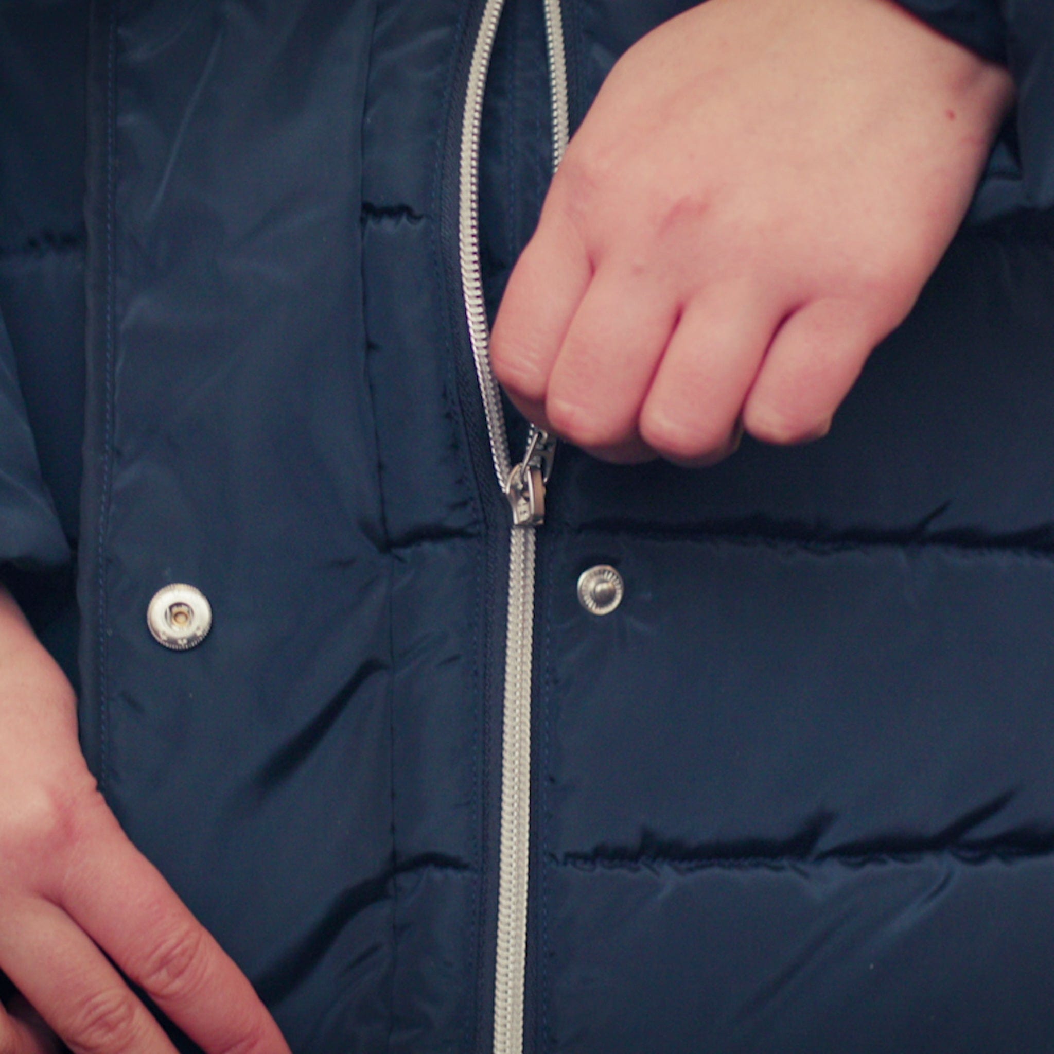 EQUUS Riding Coat EQUUSRC Navy On Model Front Zip and Storm Flap