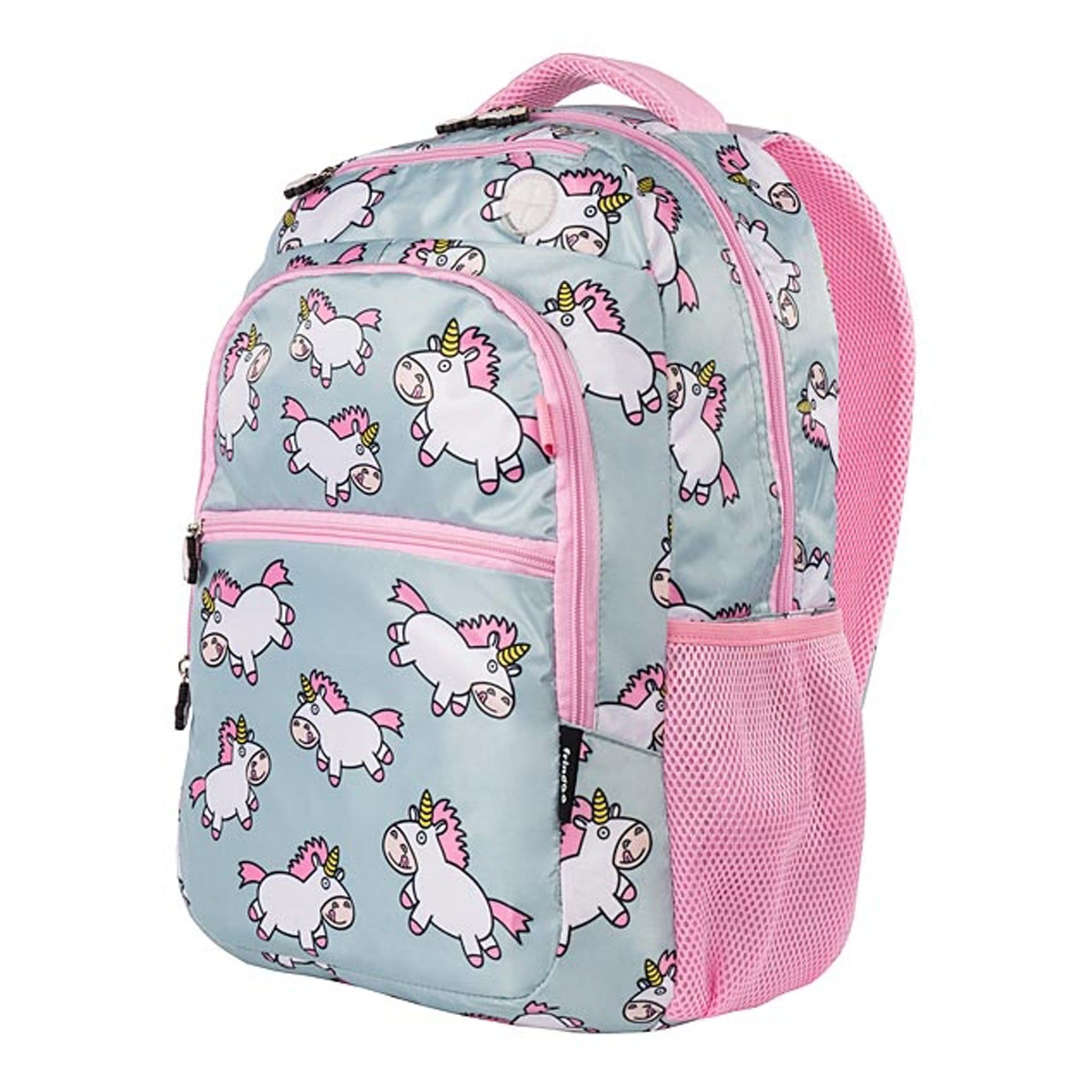 Fringoo Unicorn Junior Backpack Silver and Pink Front and Side View