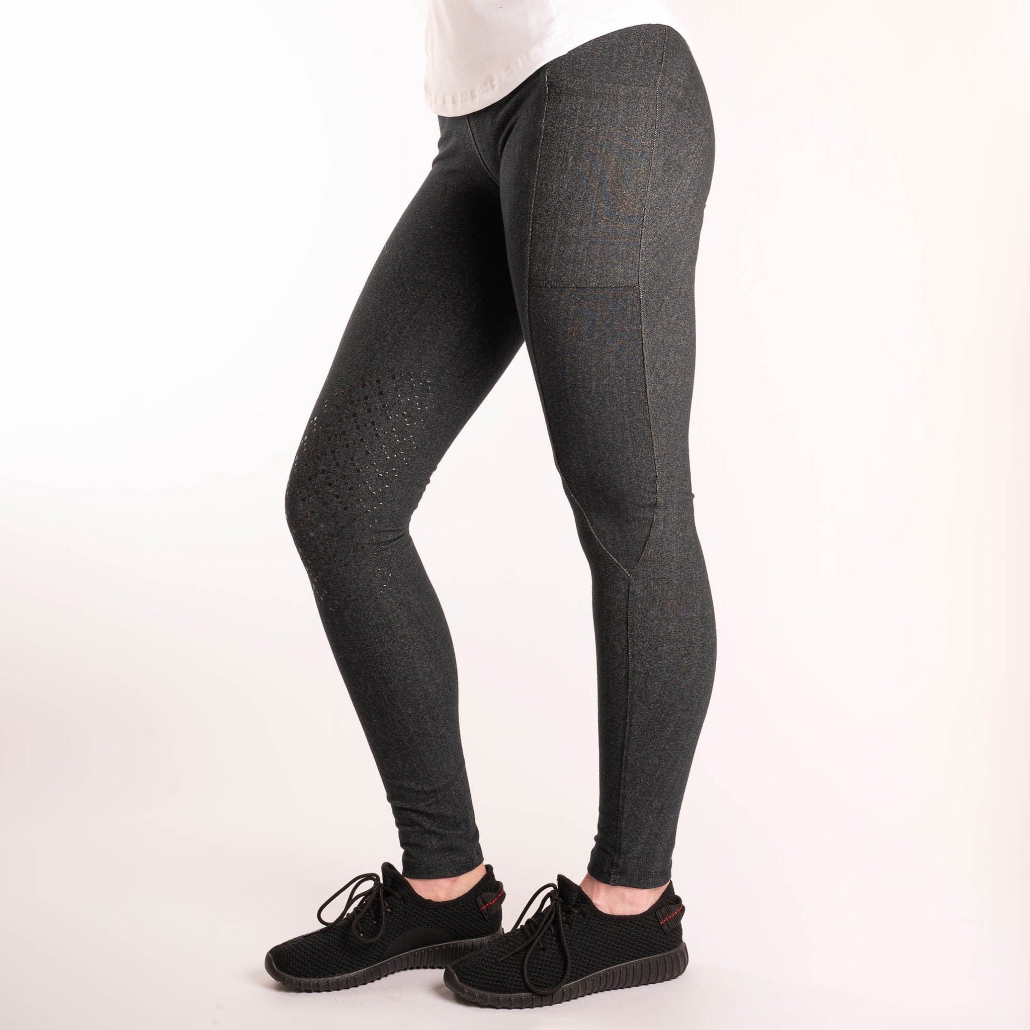Gallop Denim Look High Waist Silicone Knee Patch Riding Tights T644 Grey Side On Model