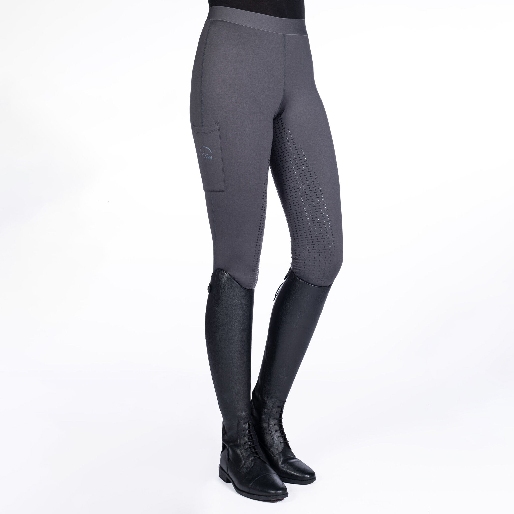HKM Bella Silicone Full Seat Riding Tights 13436 Deep Grey Front On Model Long Boots