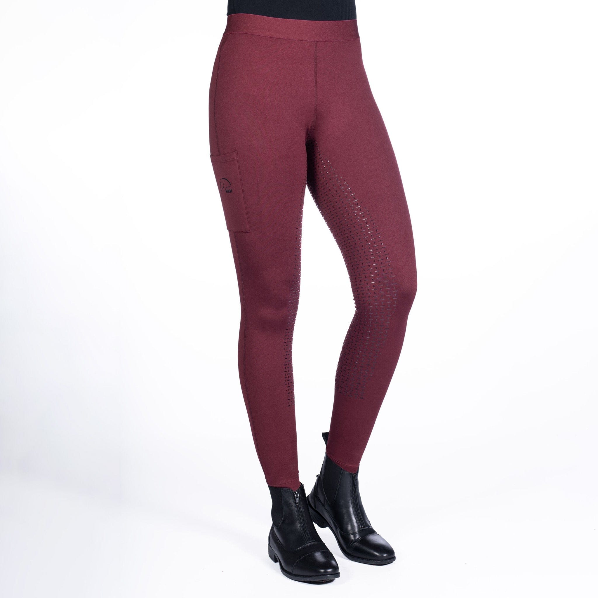 HKM Bella Silicone Full Seat Riding Tights 13436 Wine Red Front On Model