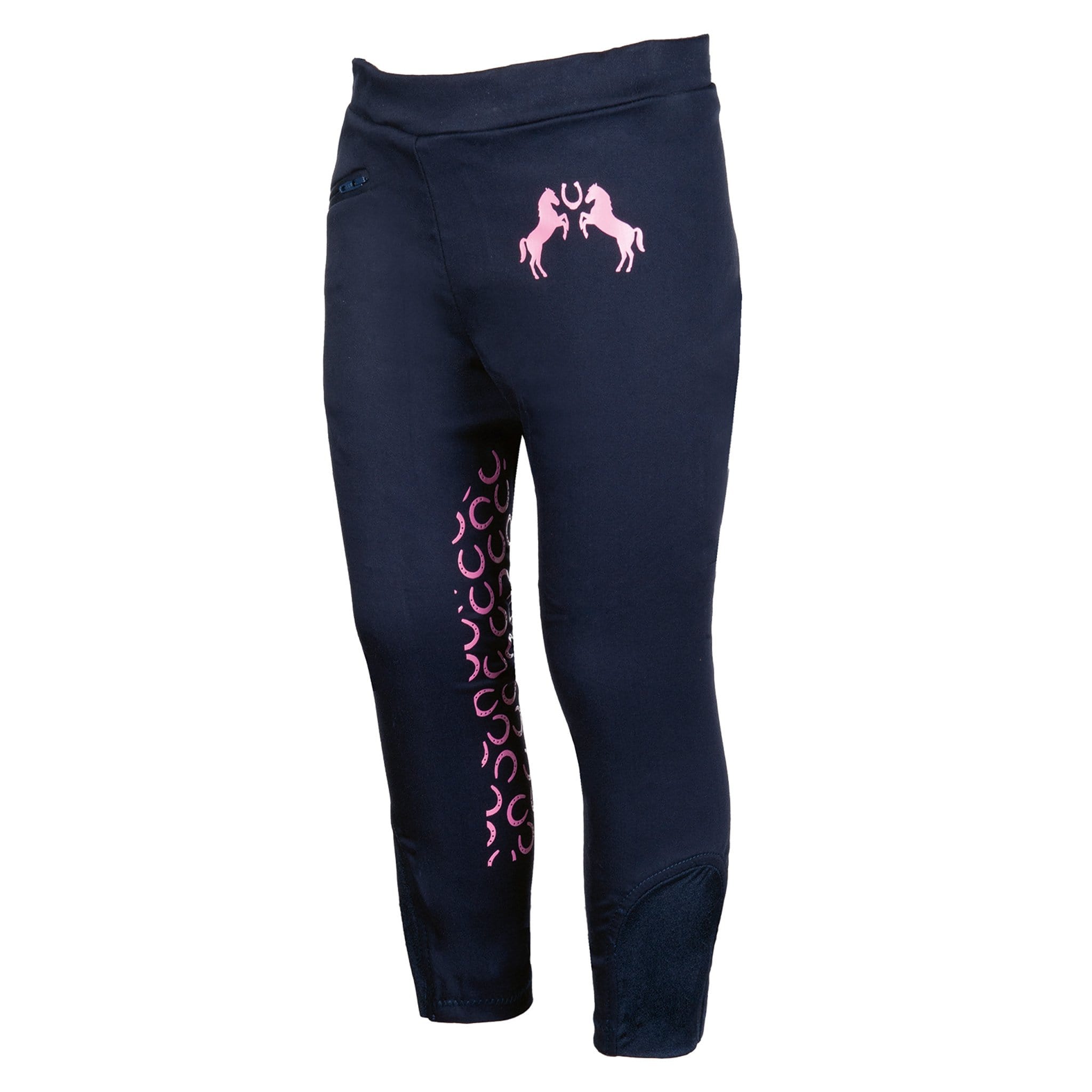 HKM Children's Pink Pony Silicone Knee Patch Breeches 12710 Navy Front Left View