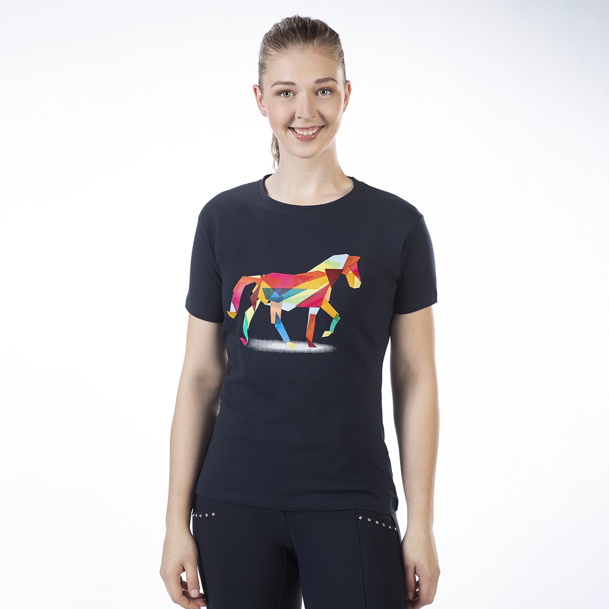 HKM Colourful Horse T-Shirt 13126 Navy Front On Model
