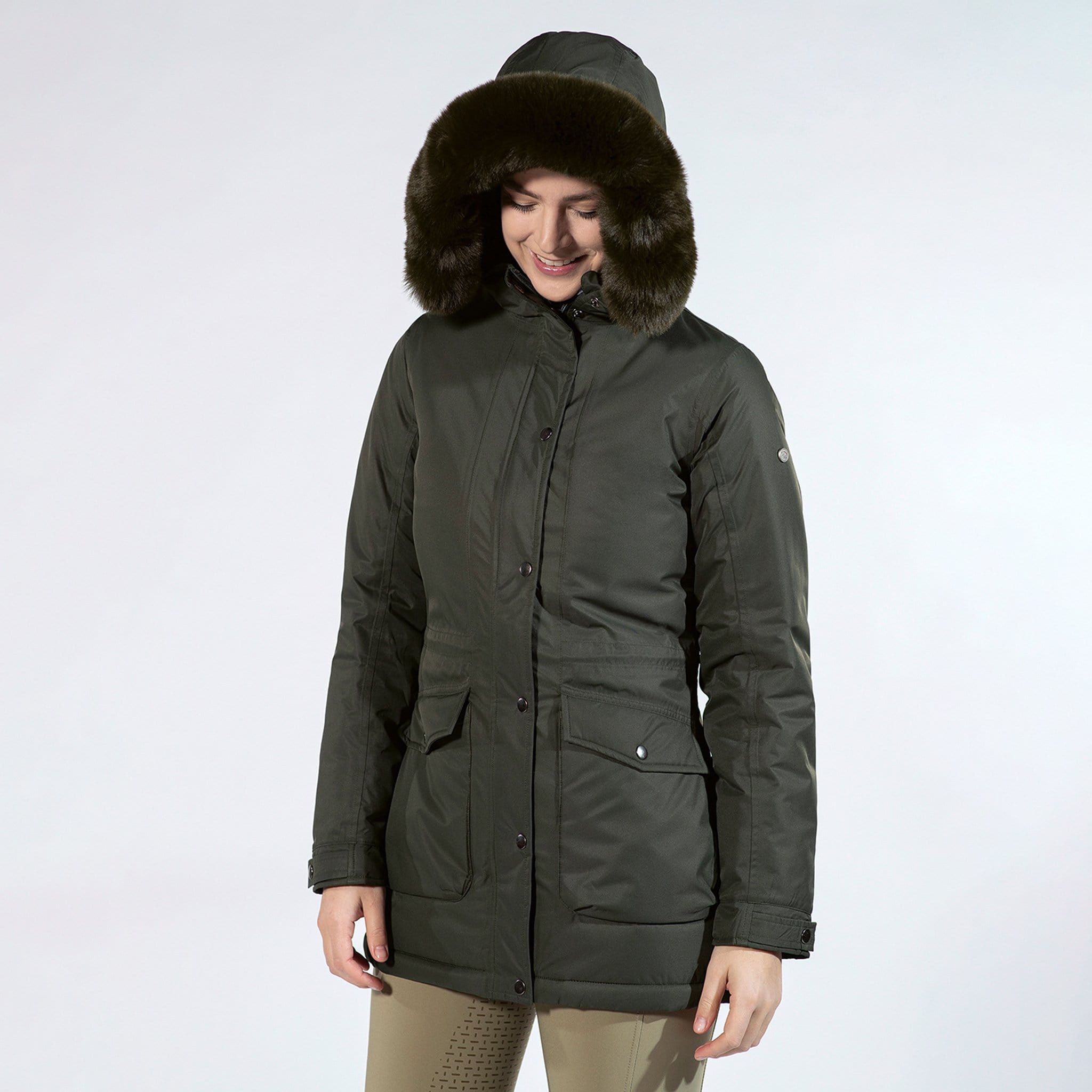 HKM Eaton Parka Coat 12728 Hunter Green On Model With Hood Up