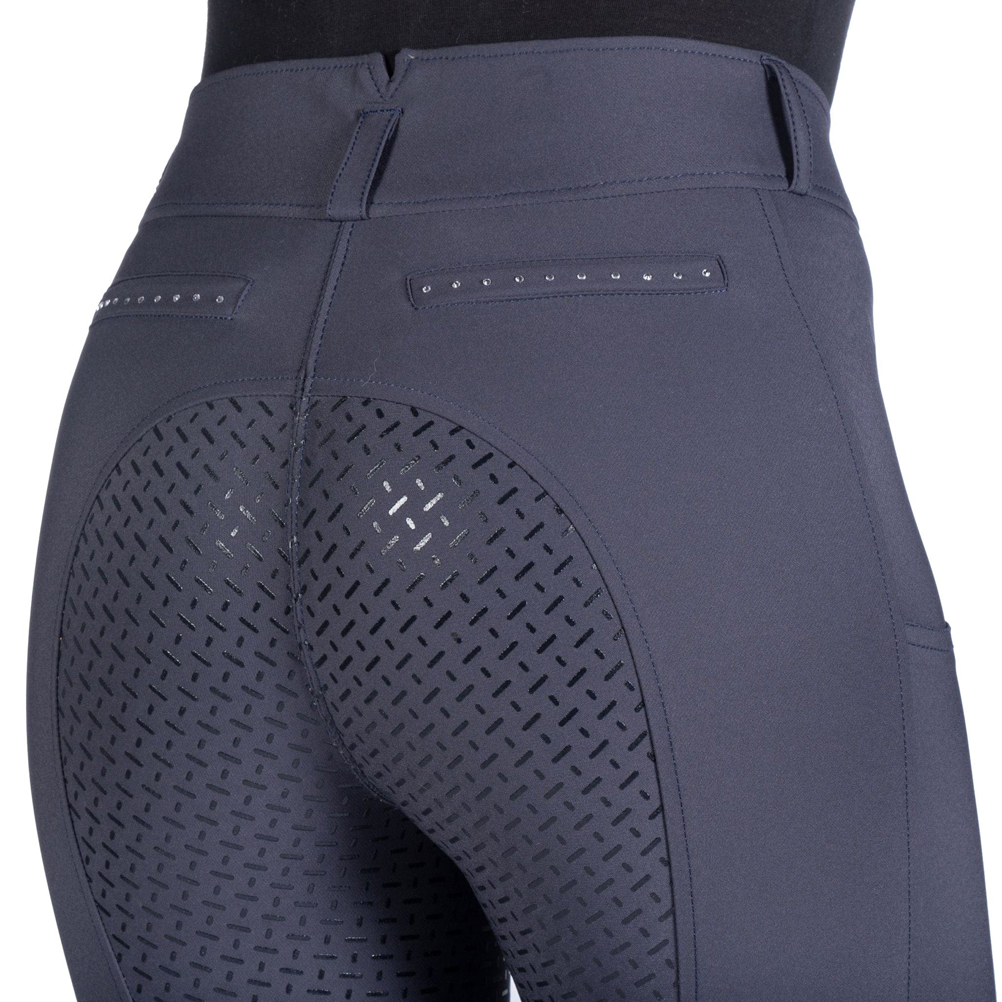 HKM Helene Silicone Full Seat Breeches On Model Back Deep Blue 13495