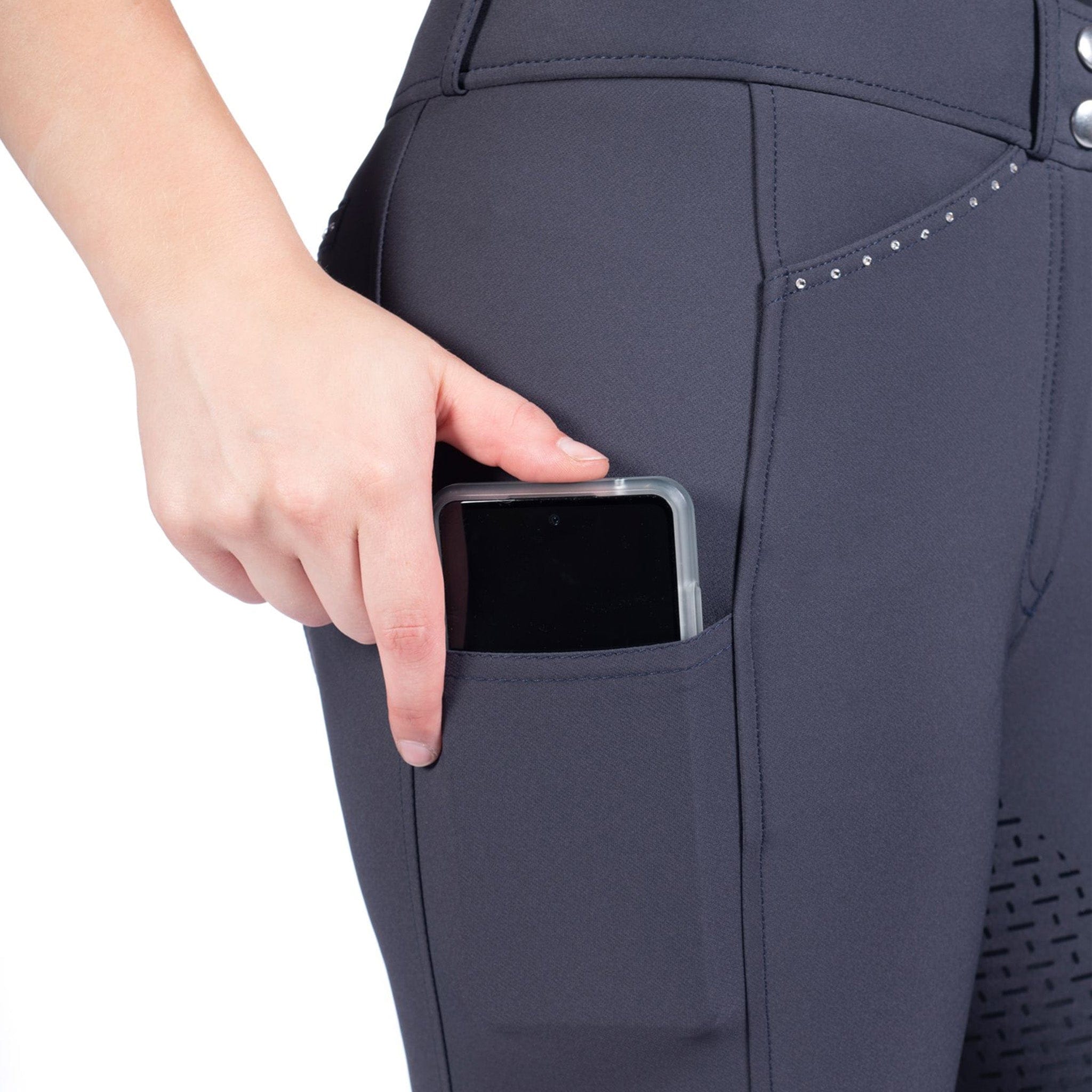 HKM Helene Silicone Full Seat Breeches On Model Phone Pocket Deep Blue 13495