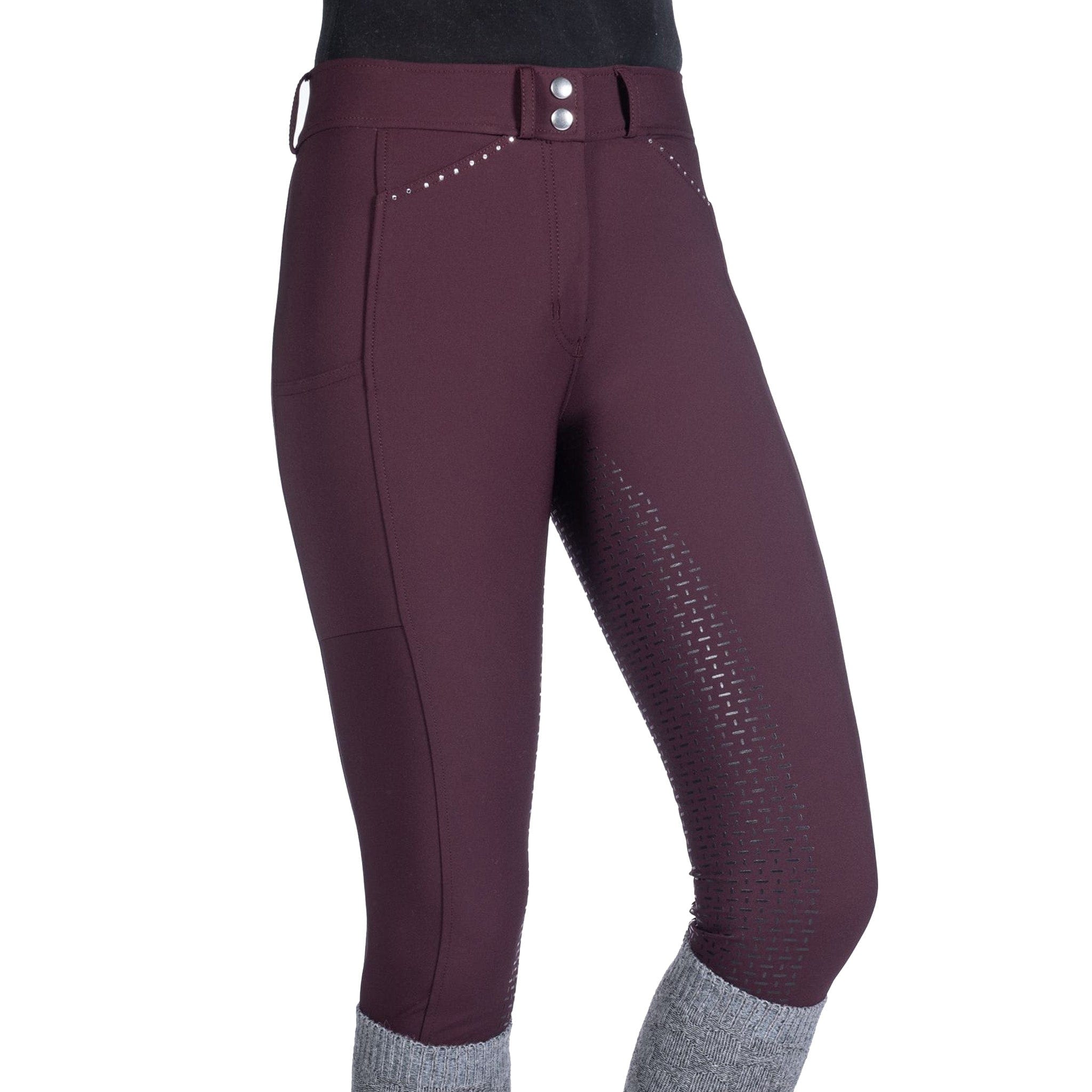 HKM Helene Silicone Full Seat Breeches On Model Wine Red 13495