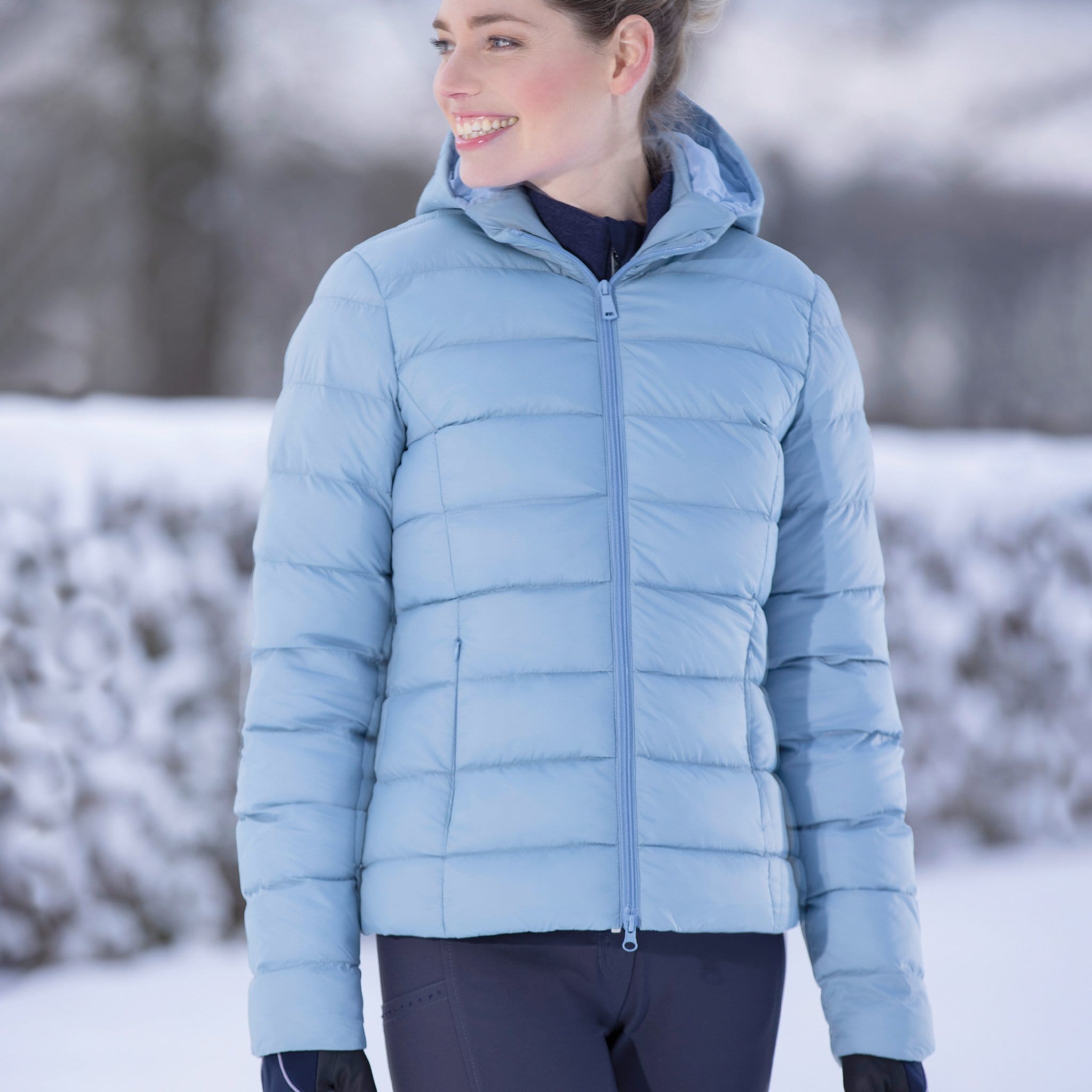 HKM Lena Quilted Jacket 12577 Ice Blue Front On Model In Snow