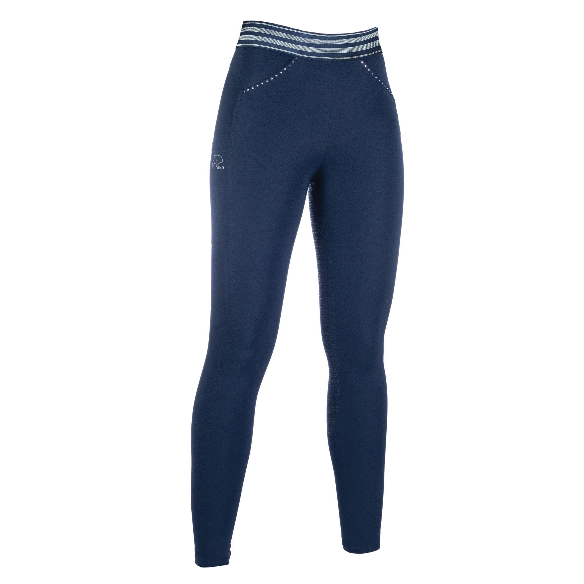 HKM Pull On Silicone Full Seat Riding Tights 13474 Navy Blue Front View