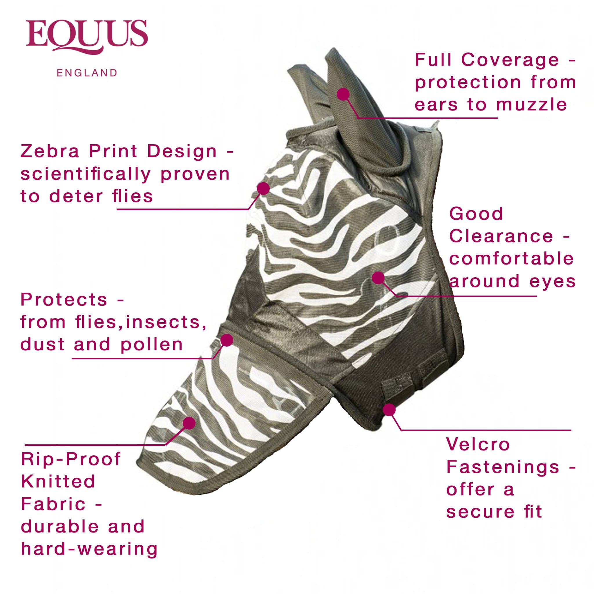 HKM Zebra Print Anti Fly Mask 5269 Bullet Points Features and Benefits