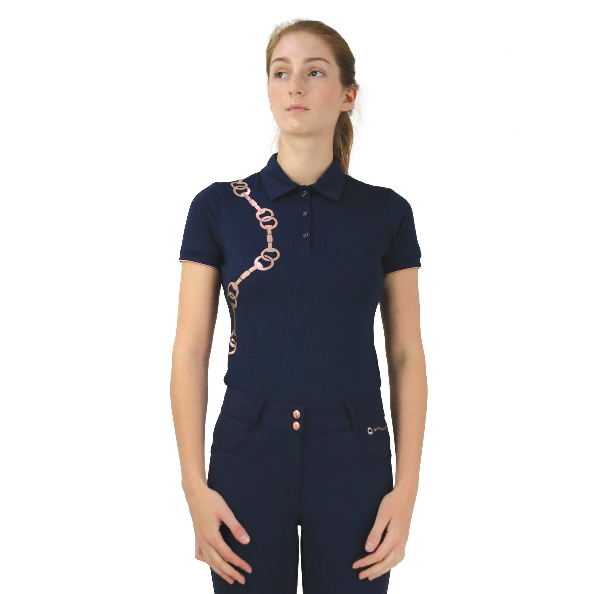 Hy Equestrian Exquisite Stirrup and Bit Polo Shirt 30650 Navy and Rose Gold On Model Front View