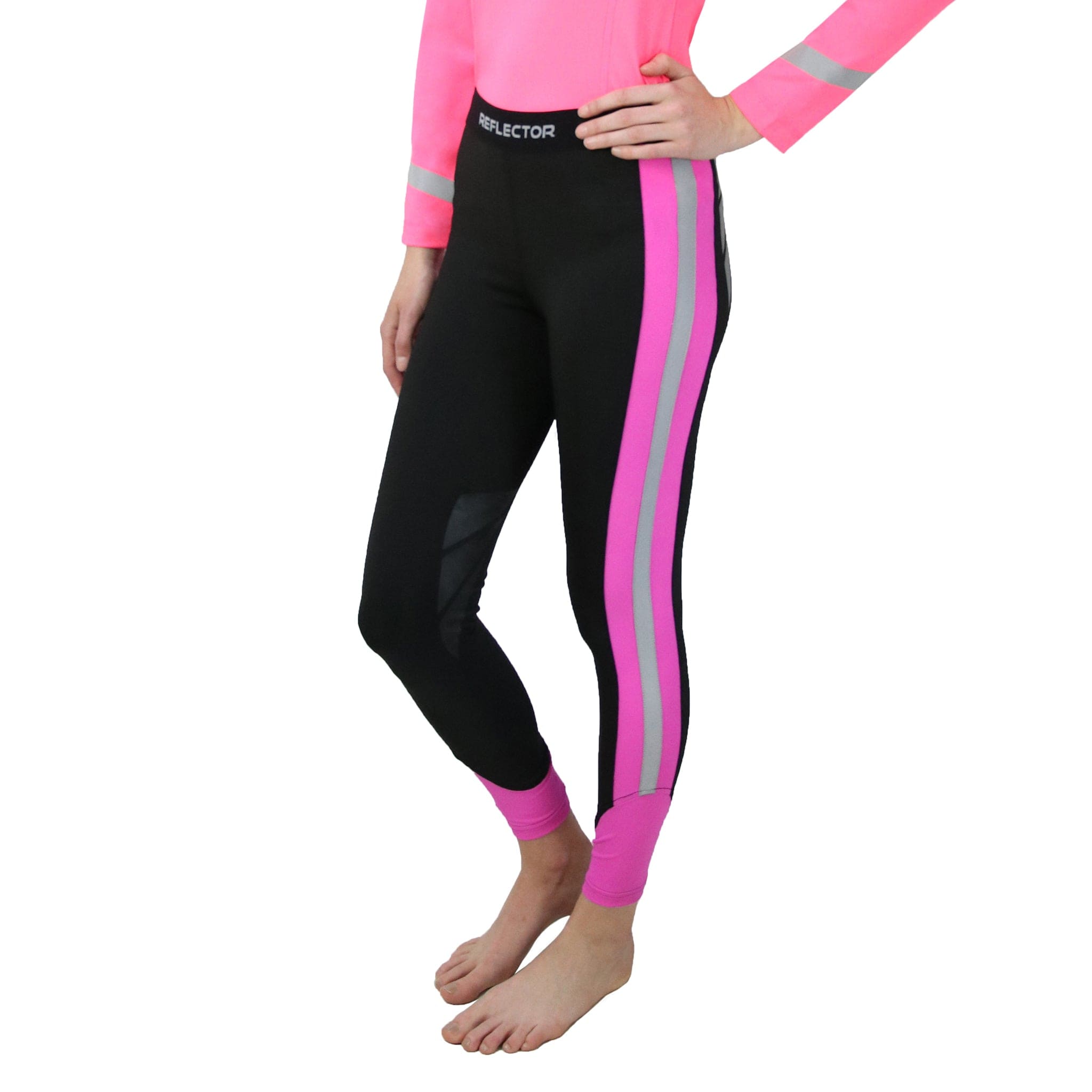 Hy Equestrian Children's Reflector Hi Viz Silicone Knee Patch Riding Tights - 9 - 10 Years · Black and Pink