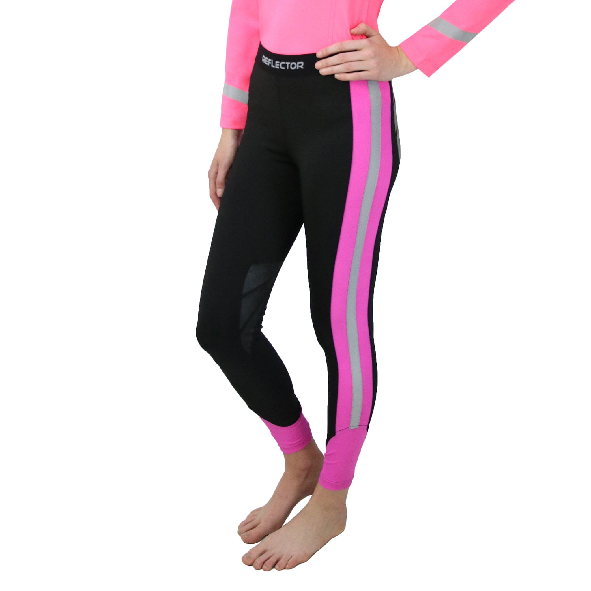 Hy Equestrian Reflector Hi Viz Silicone Knee Patch Riding Tights - UK 14 · Black and Pink