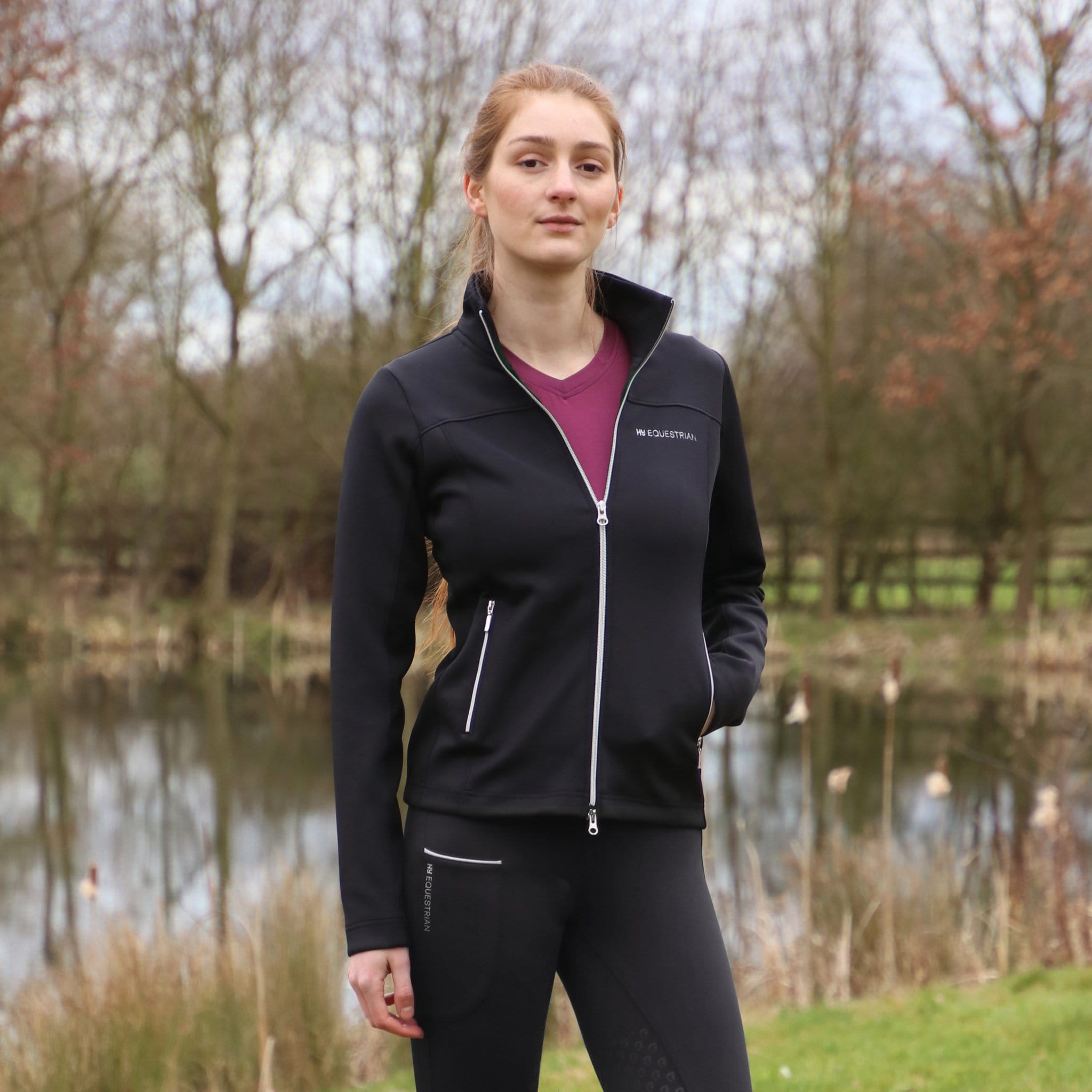 Hy Equestrian Synergy Flex Jacket 30160 Black Front On Model With Fig Top