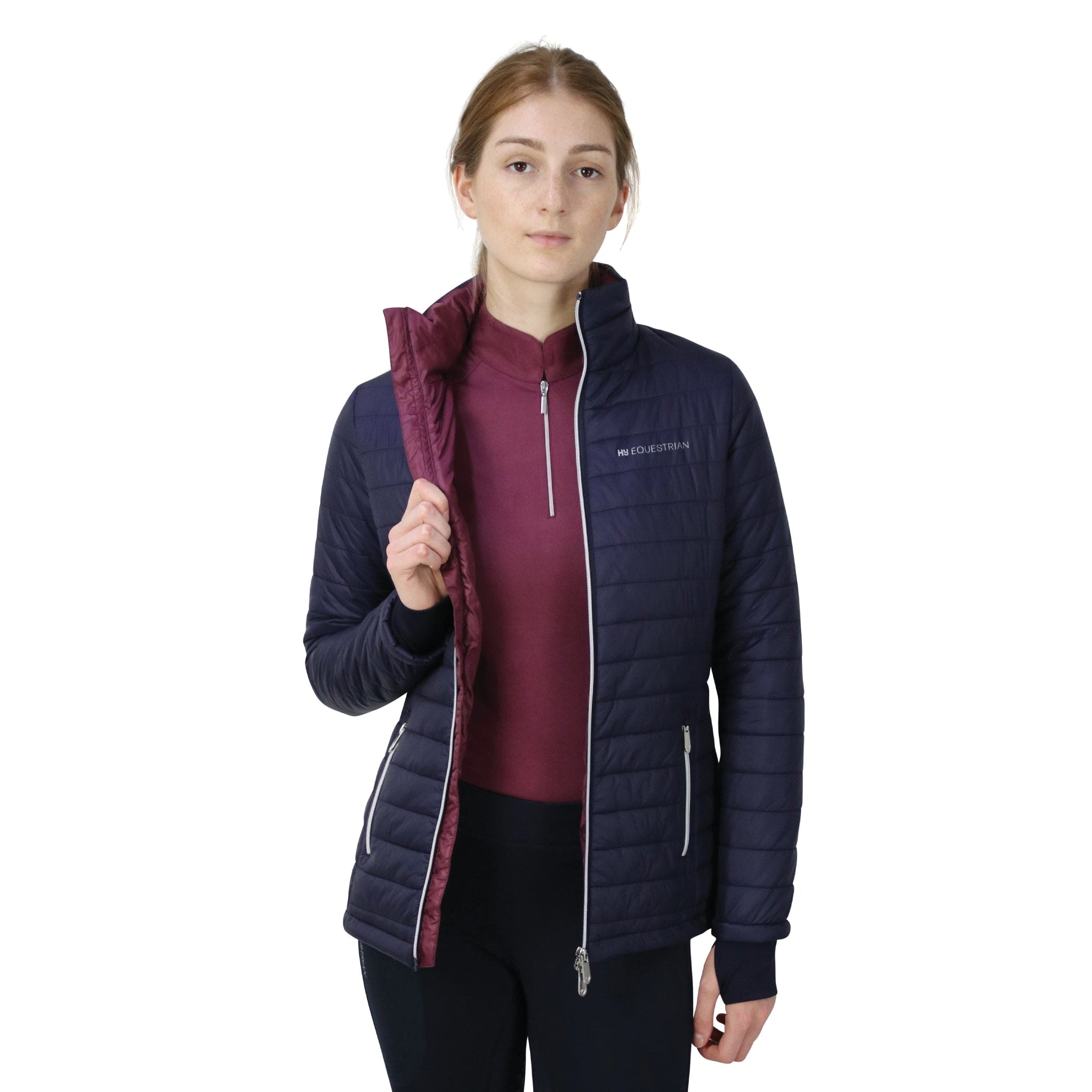 Hy Equestrian Synergy Padded Jacket 30790 Navy and Fig Front Open