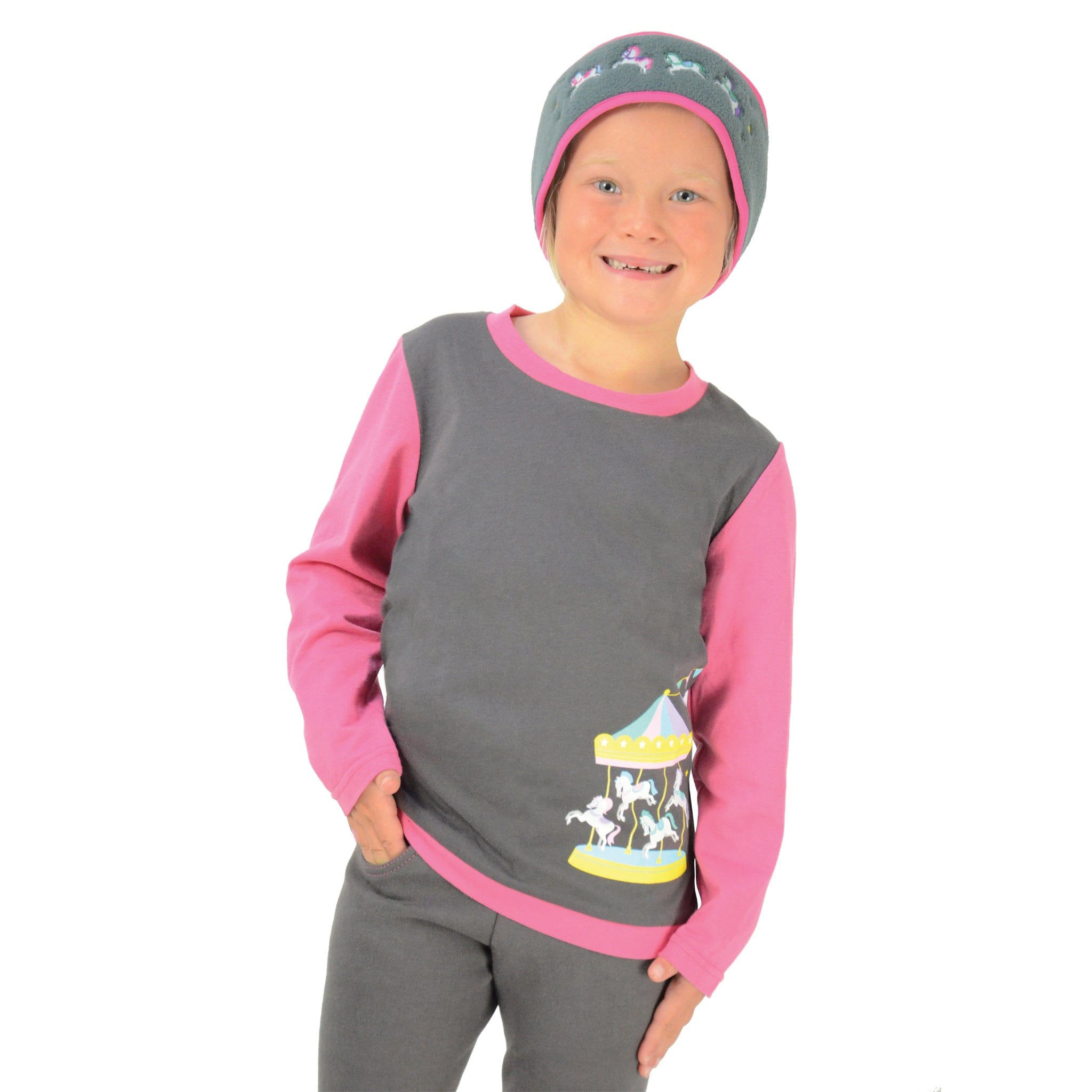 Hy Children's Little Rider Merry Go Round Long Sleeve T-Shirt 29634 Grey and Pink Front View