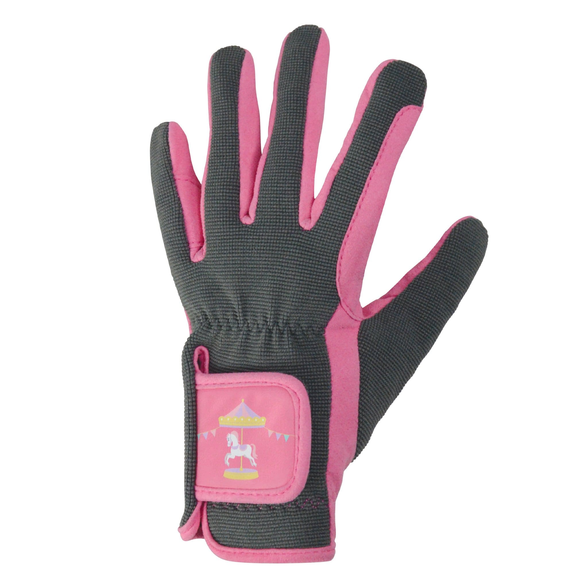 Hy Children's Little Rider Merry Go Round Riding Gloves 28512 Grey and Pink Left Glove Back Hand