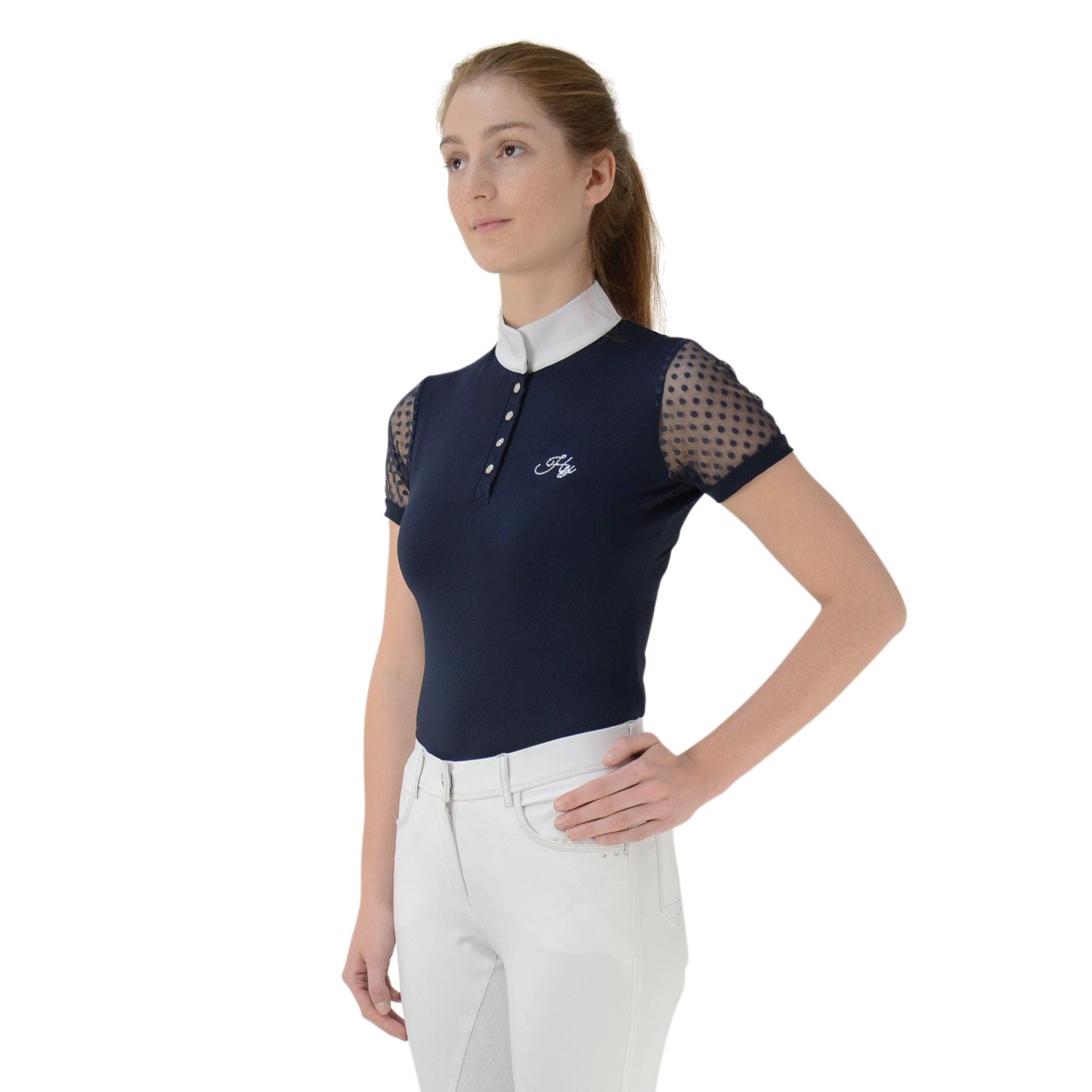 HyFASHION Lydia Lace Short Sleeve Show Shirt 26411 Navy Front View On Model