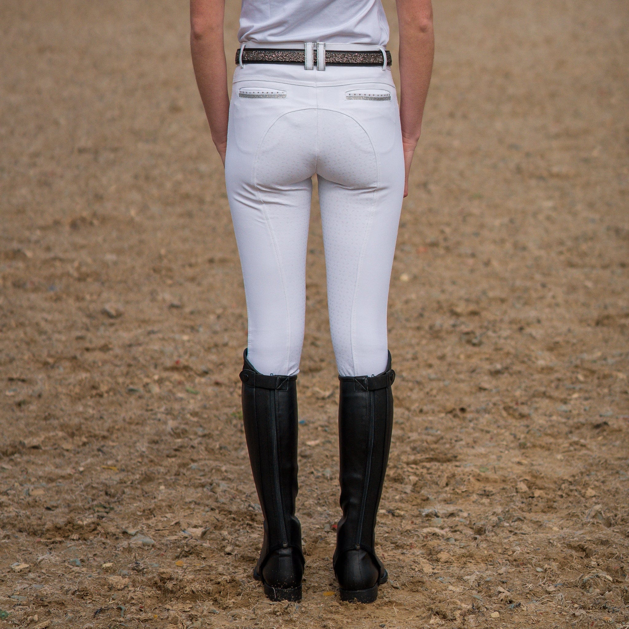 HyFASHION Roka Crystal Silicone Full Seat Breeches 13984 White Rear On Model