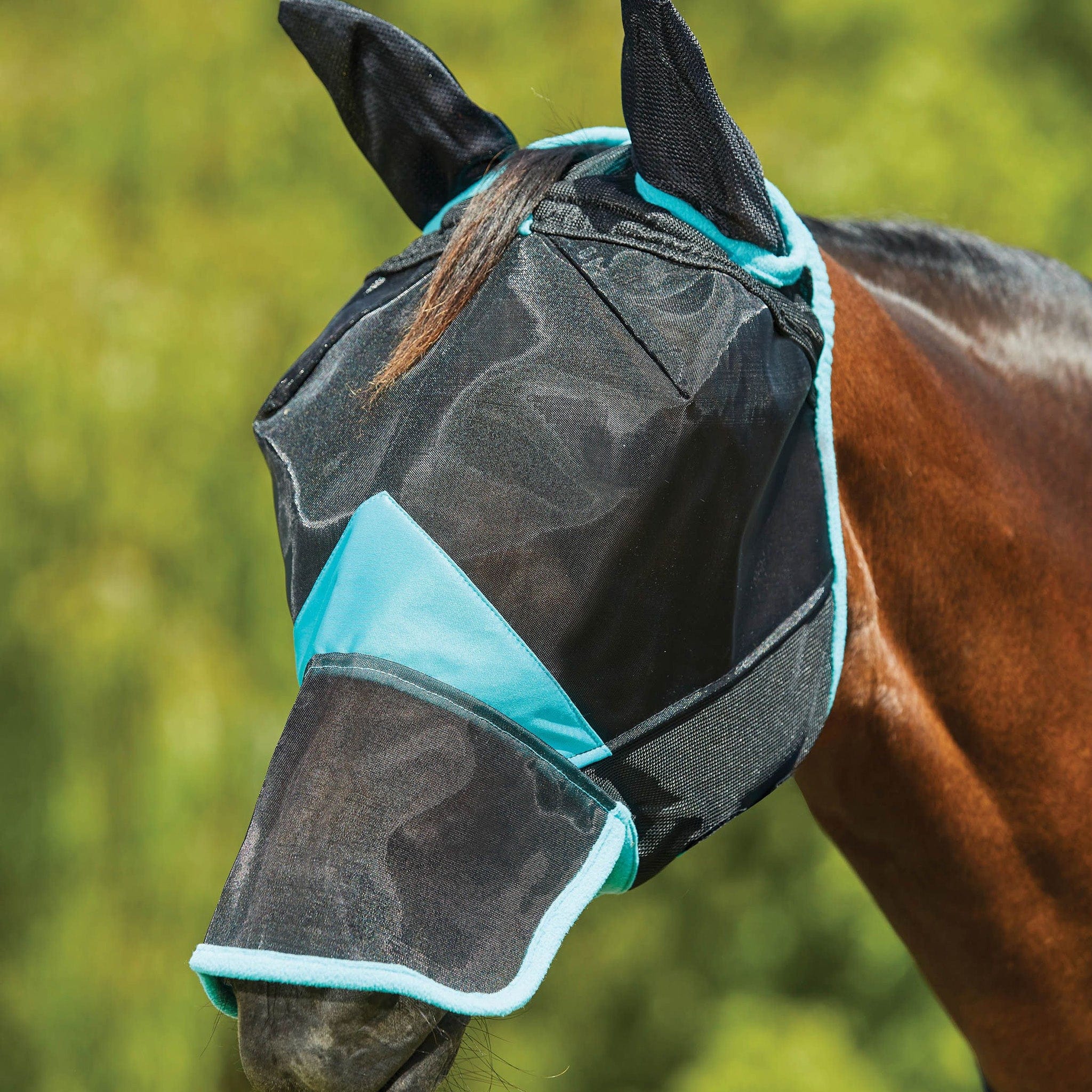 Weatherbeeta Comfitec Deluxe Fine Mesh Mask With Ears And Nose - Shetland · Black/Turquoise