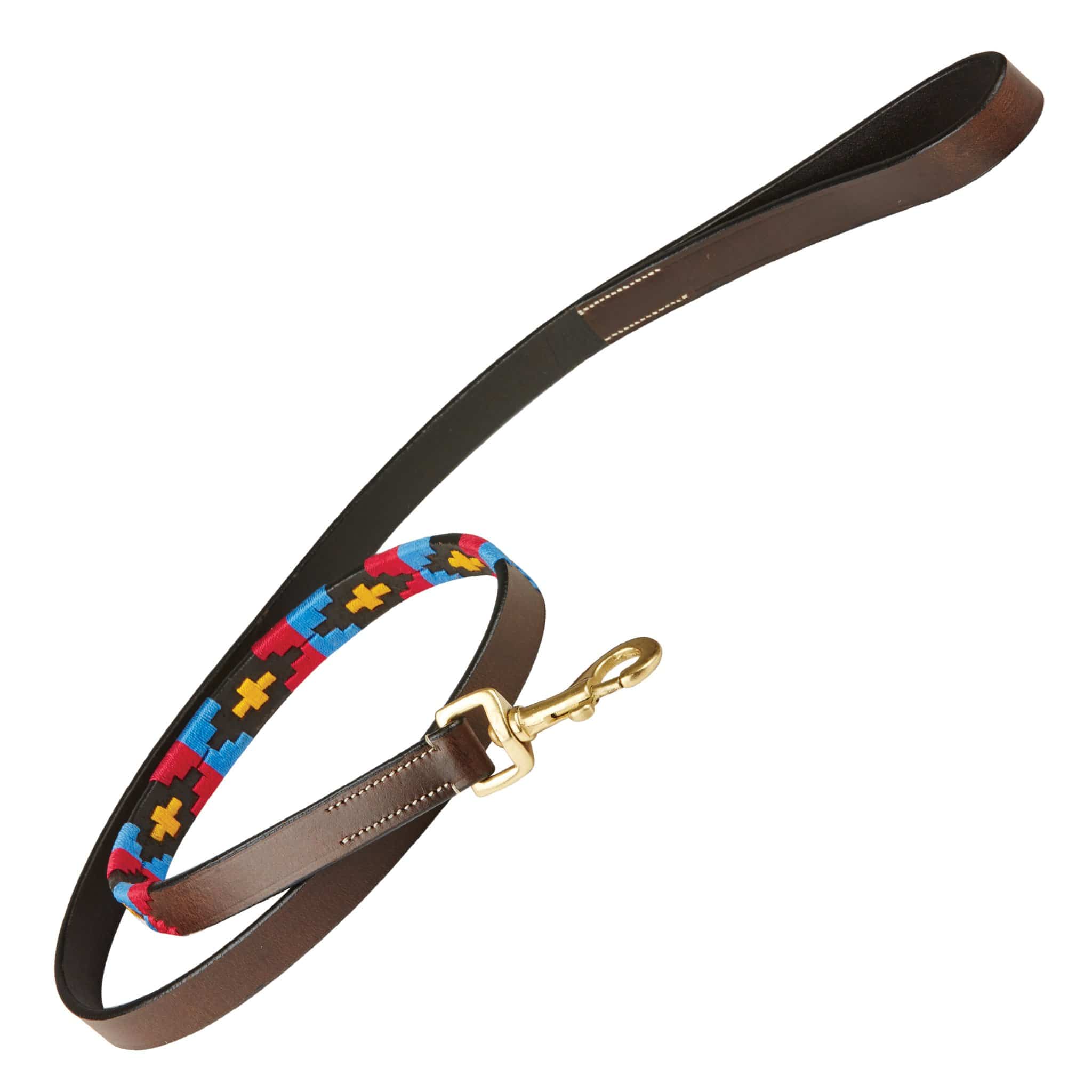 Weatherbeeta Polo Leather Dog Lead - Cowdray Brown, Pink, Blue and Yellow