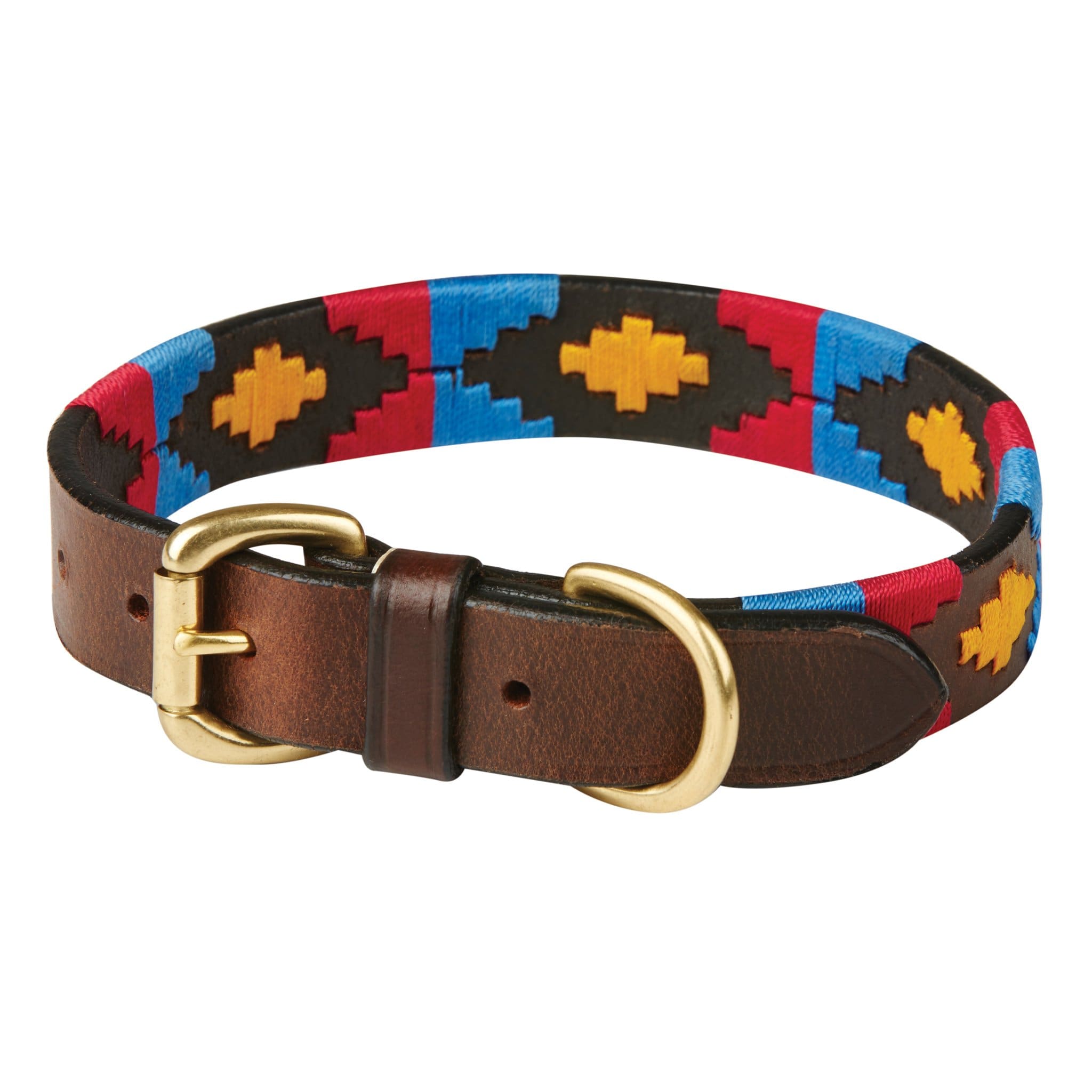 Weatherbeeta Polo Leather Dog Collar - Large · Cowdray Brown, Pink, Blue And Yellow