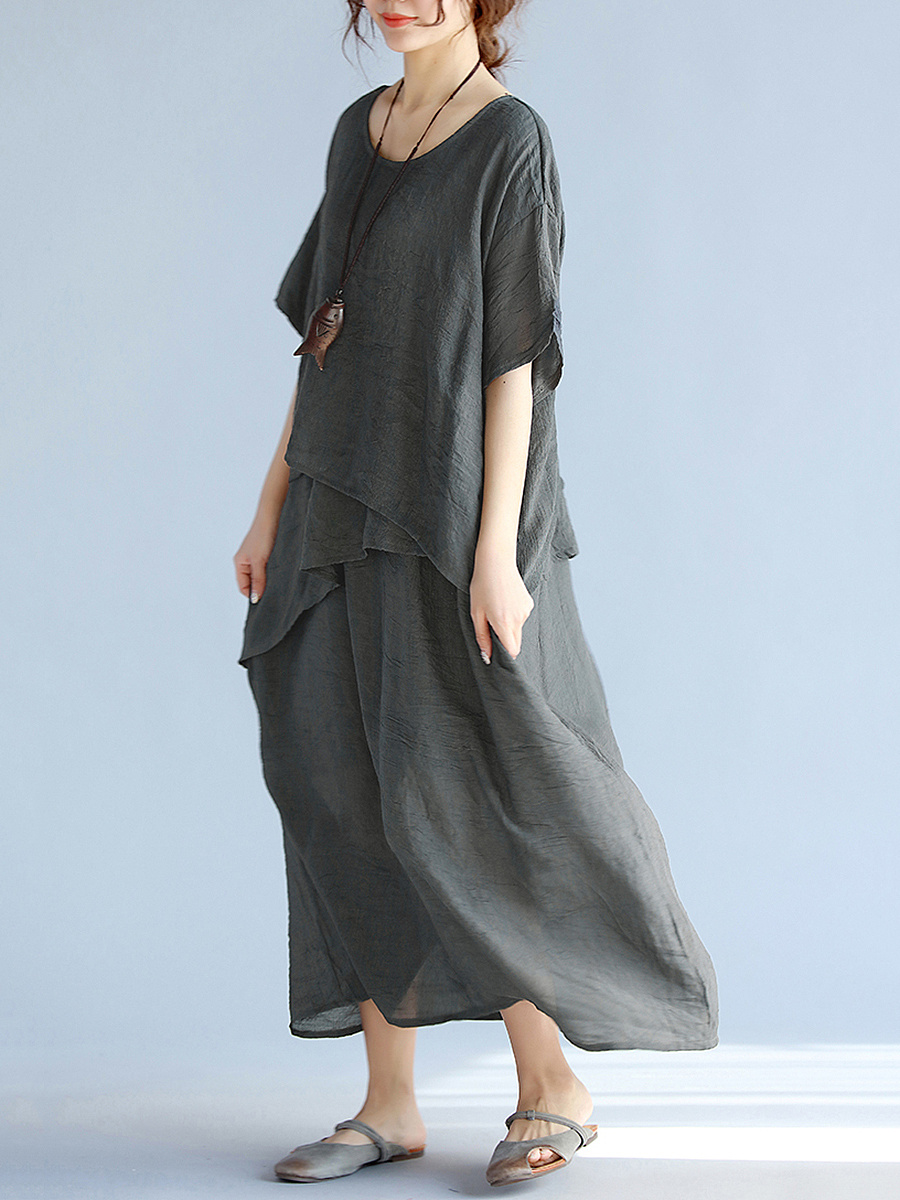 Round Neck Asymmetric Hem Plain Maxi Dress