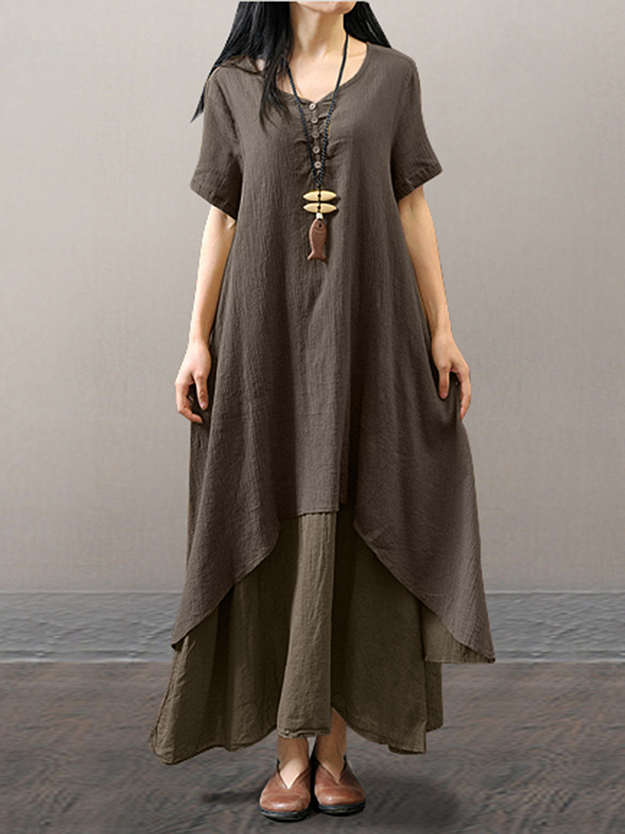 Round Neck Asymmetric Hem Single Breasted Plain Maxi Dress
