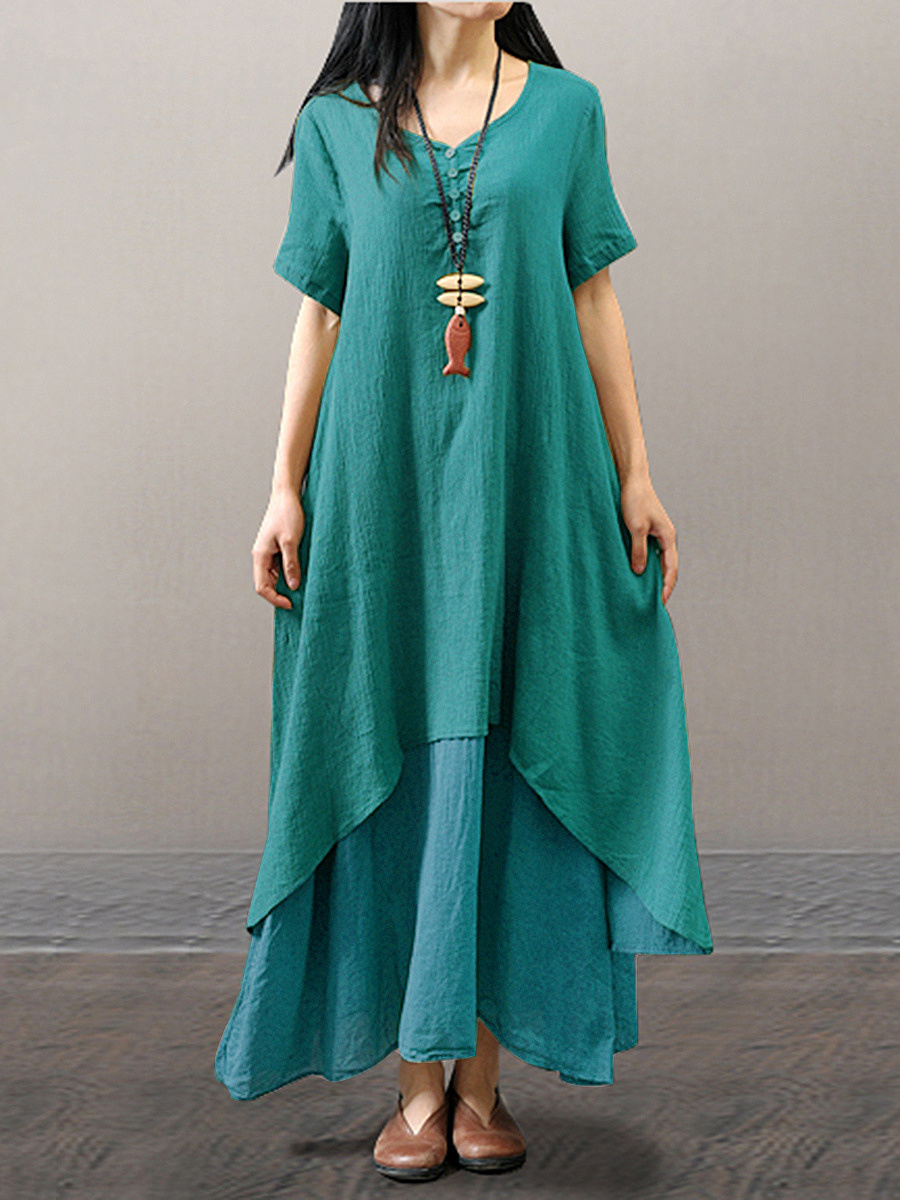 Round Neck Asymmetric Hem Single Breasted Plain Maxi Dress