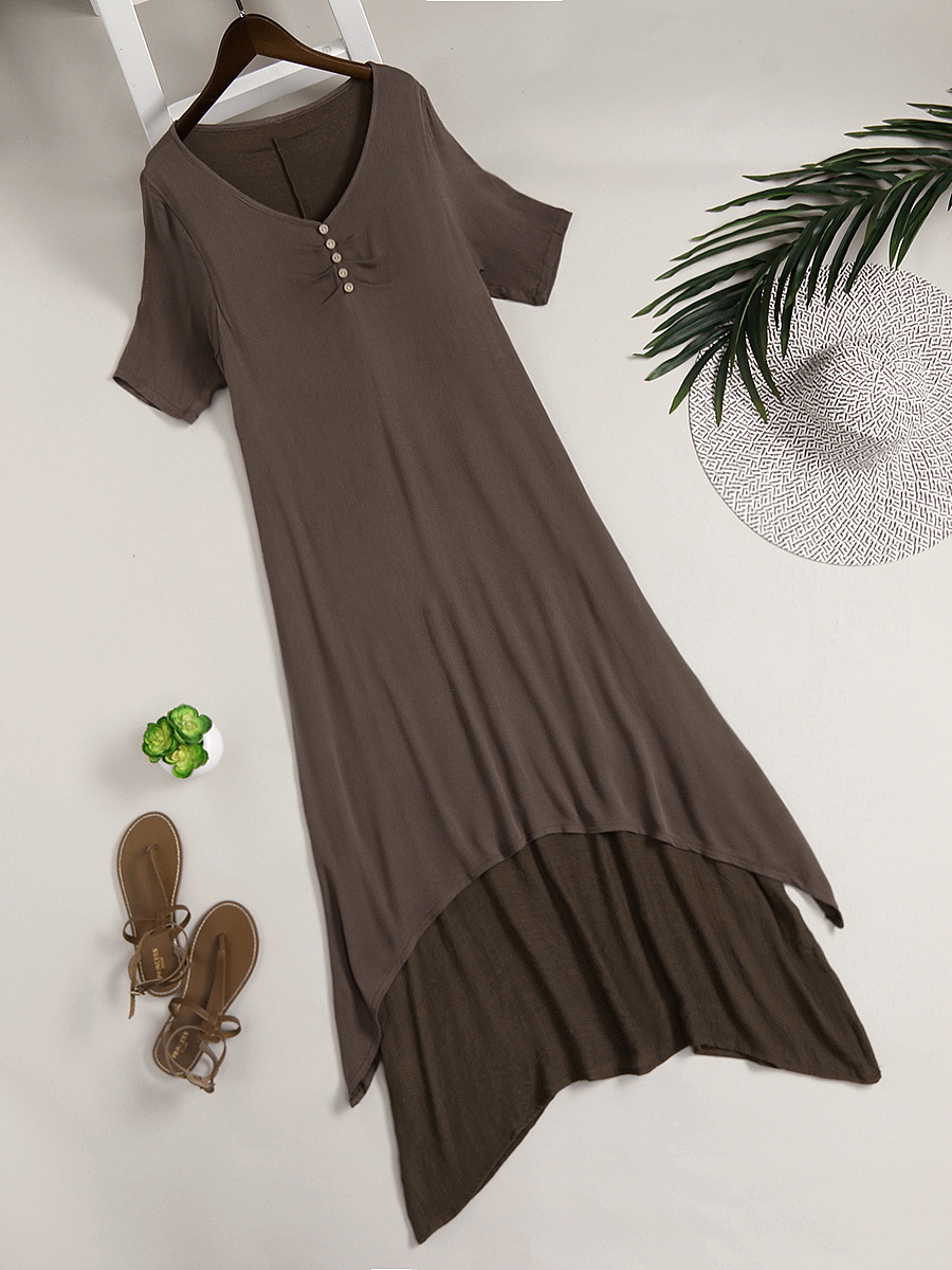 Round Neck Asymmetric Hem Single Breasted Plain Maxi Dress