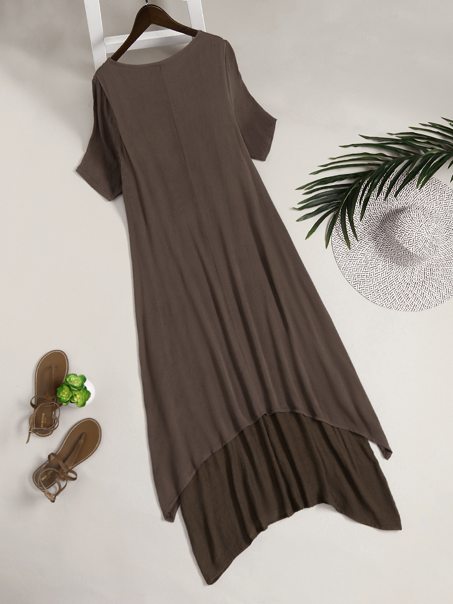 Round Neck Asymmetric Hem Single Breasted Plain Maxi Dress