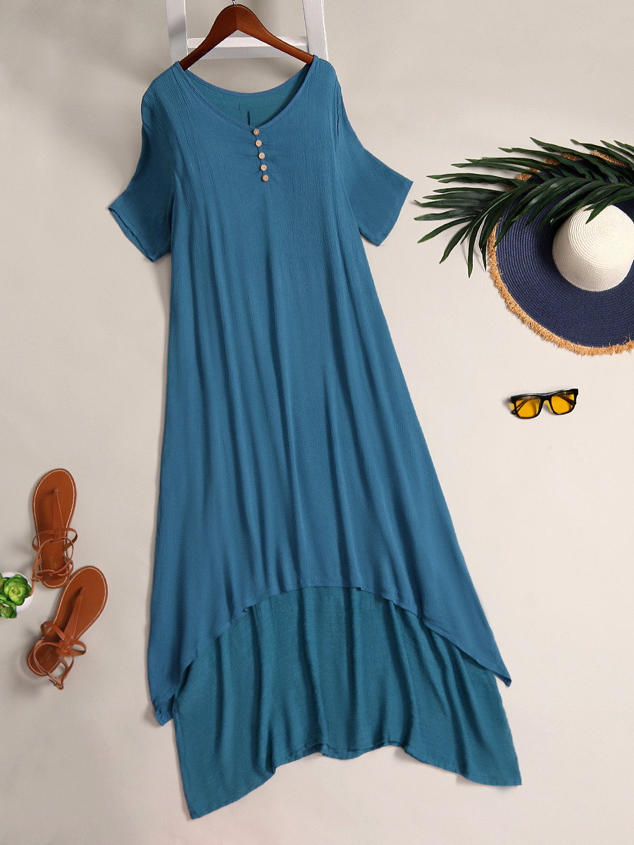 Round Neck Asymmetric Hem Single Breasted Plain Maxi Dress