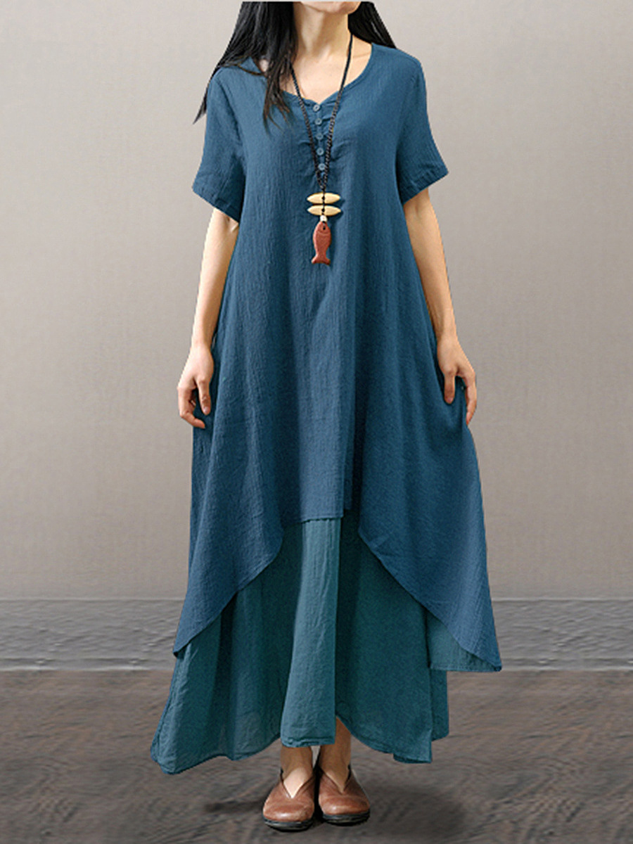 Round Neck Asymmetric Hem Single Breasted Plain Maxi Dress