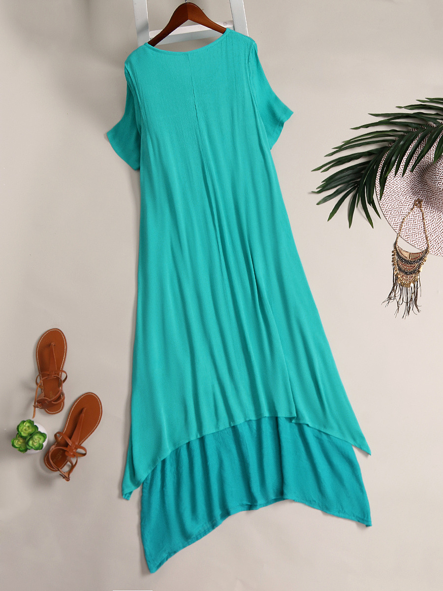 Round Neck Asymmetric Hem Single Breasted Plain Maxi Dress