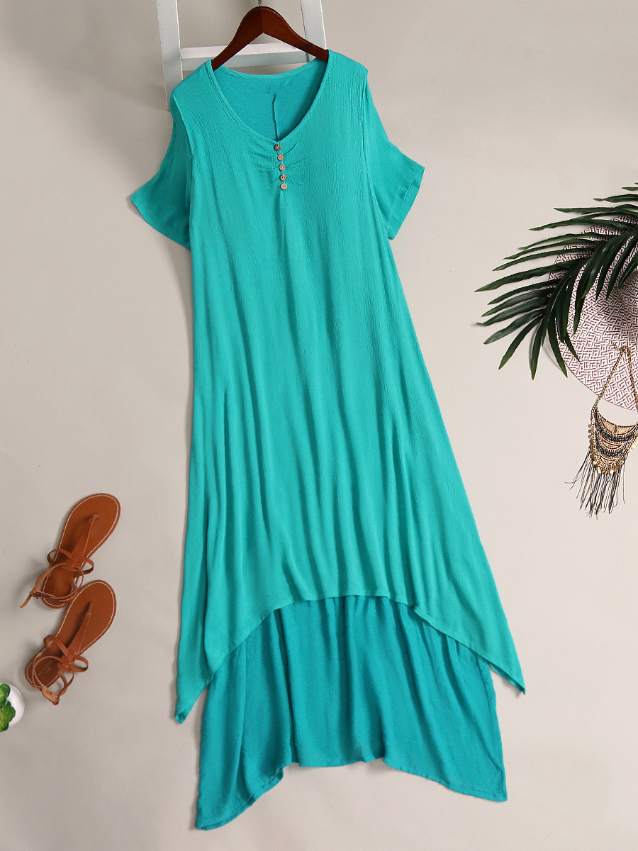 Round Neck Asymmetric Hem Single Breasted Plain Maxi Dress