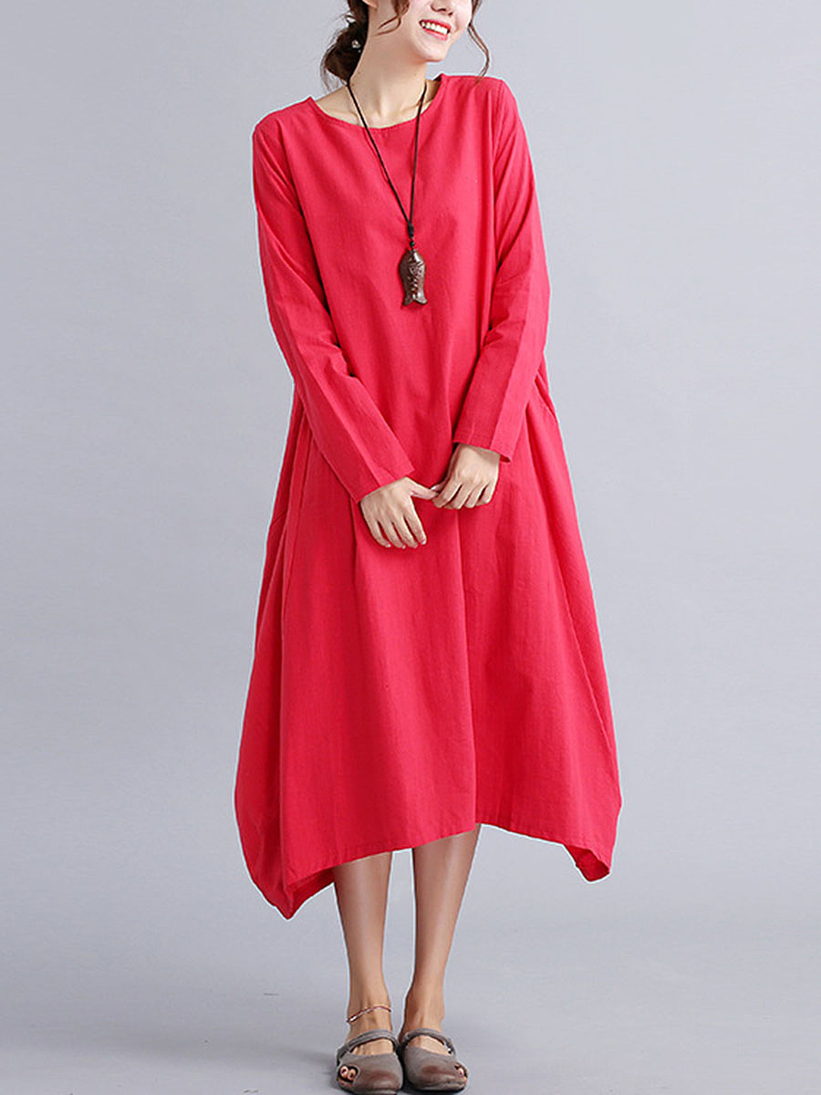 Oversized Round Neck Pocket Plain Maxi Dress