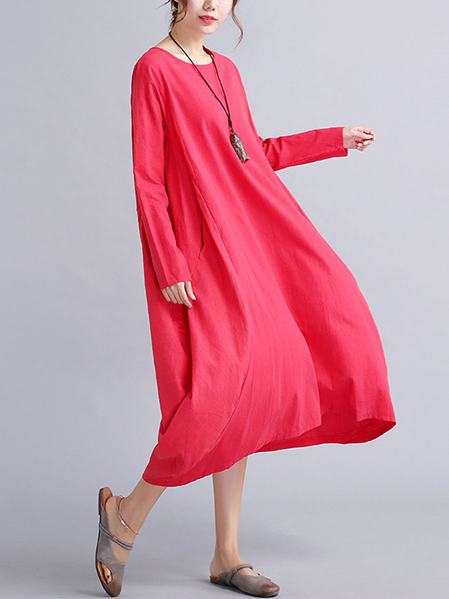 Oversized Round Neck Pocket Plain Maxi Dress