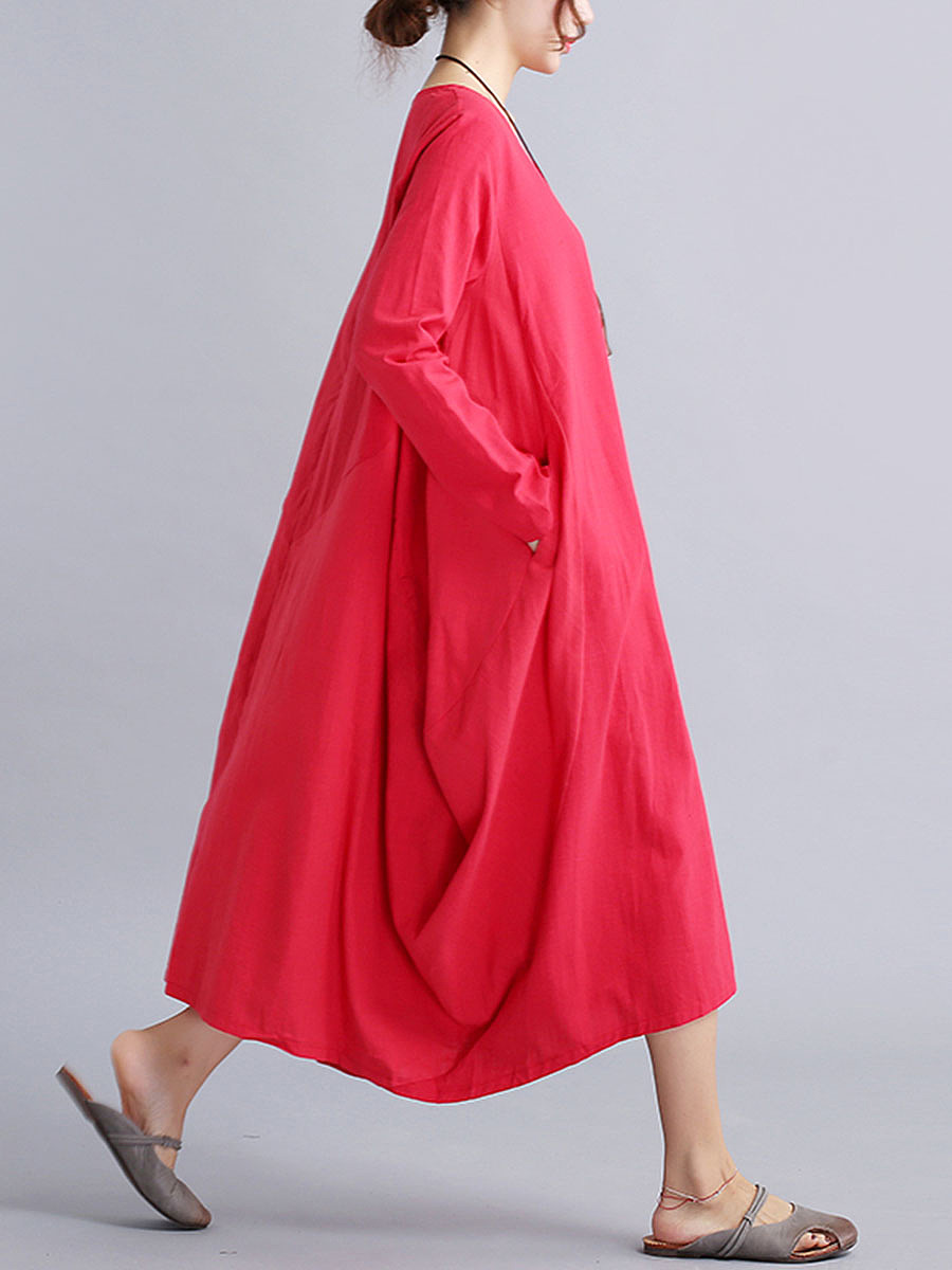 Oversized Round Neck Pocket Plain Maxi Dress