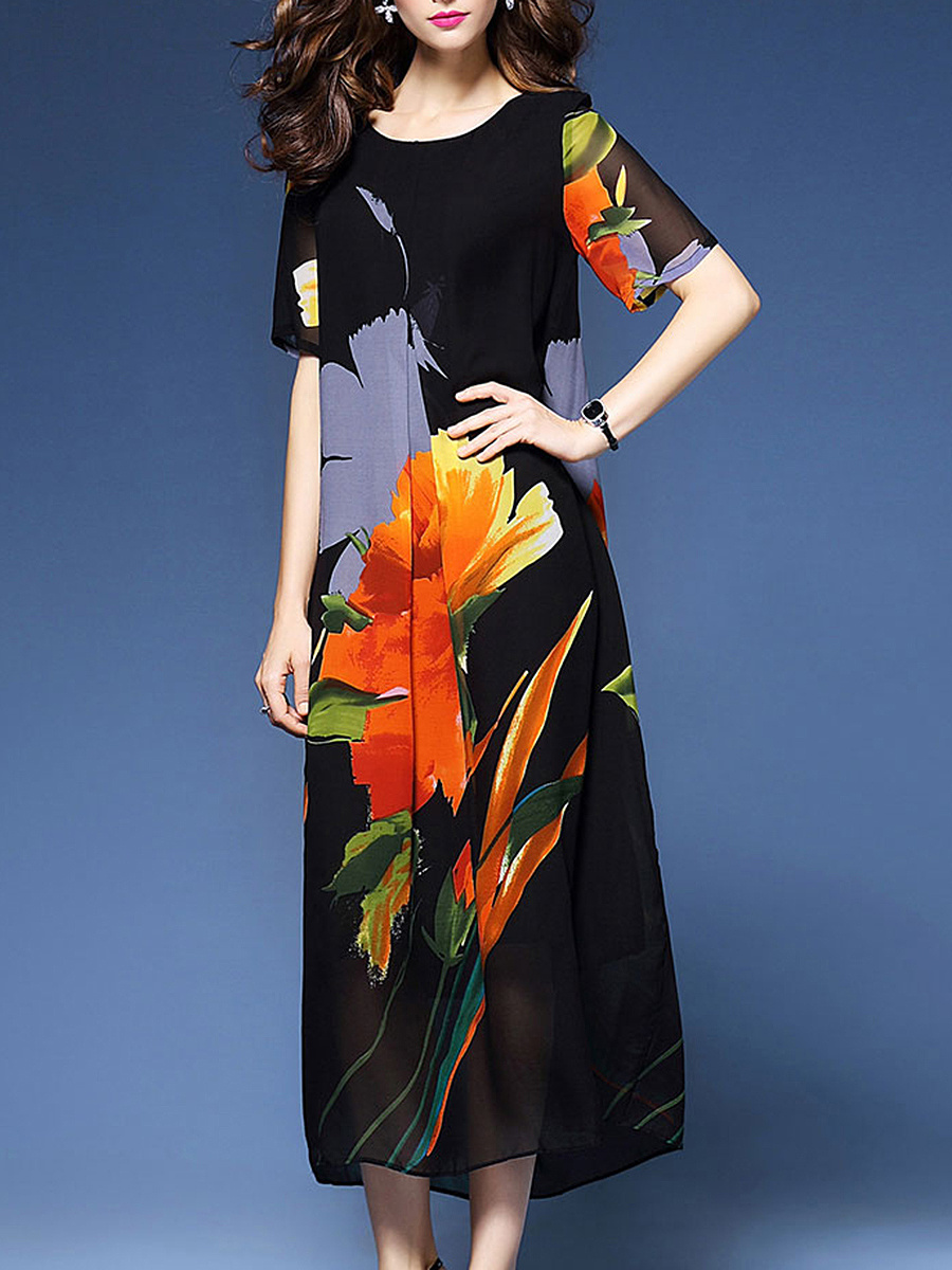 Trendy Floral Printed Round Neck Maxi Dress