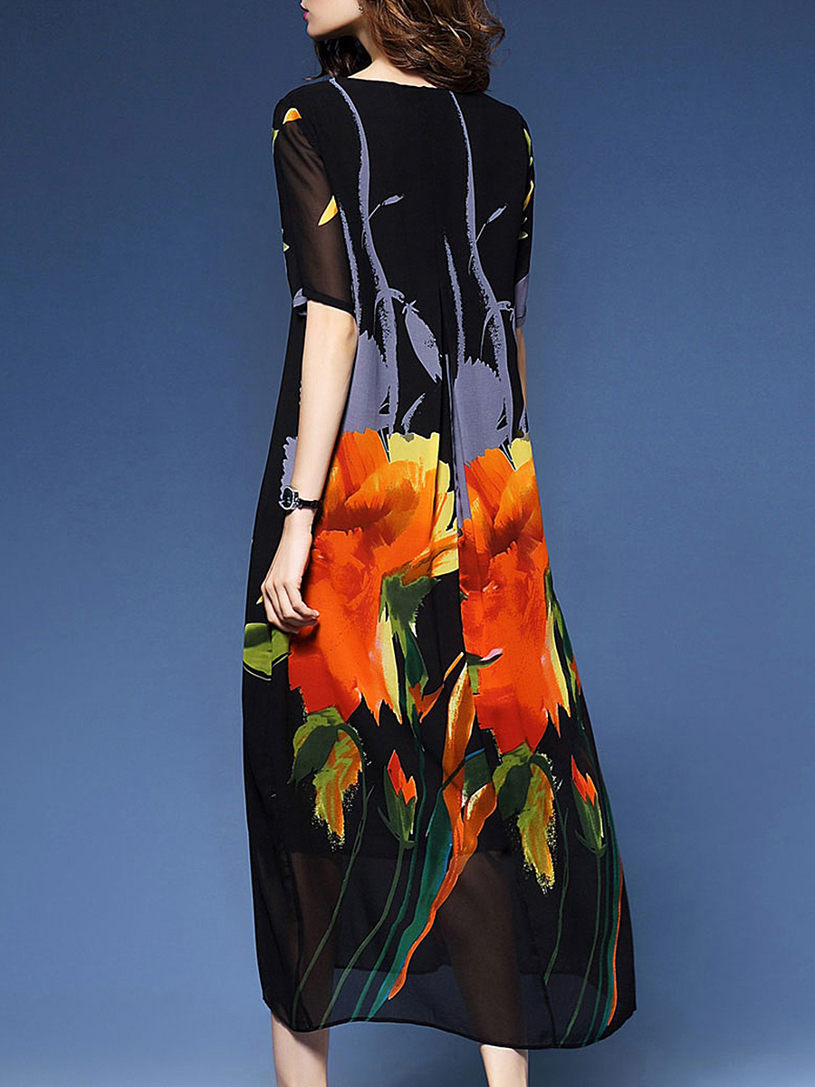 Trendy Floral Printed Round Neck Maxi Dress